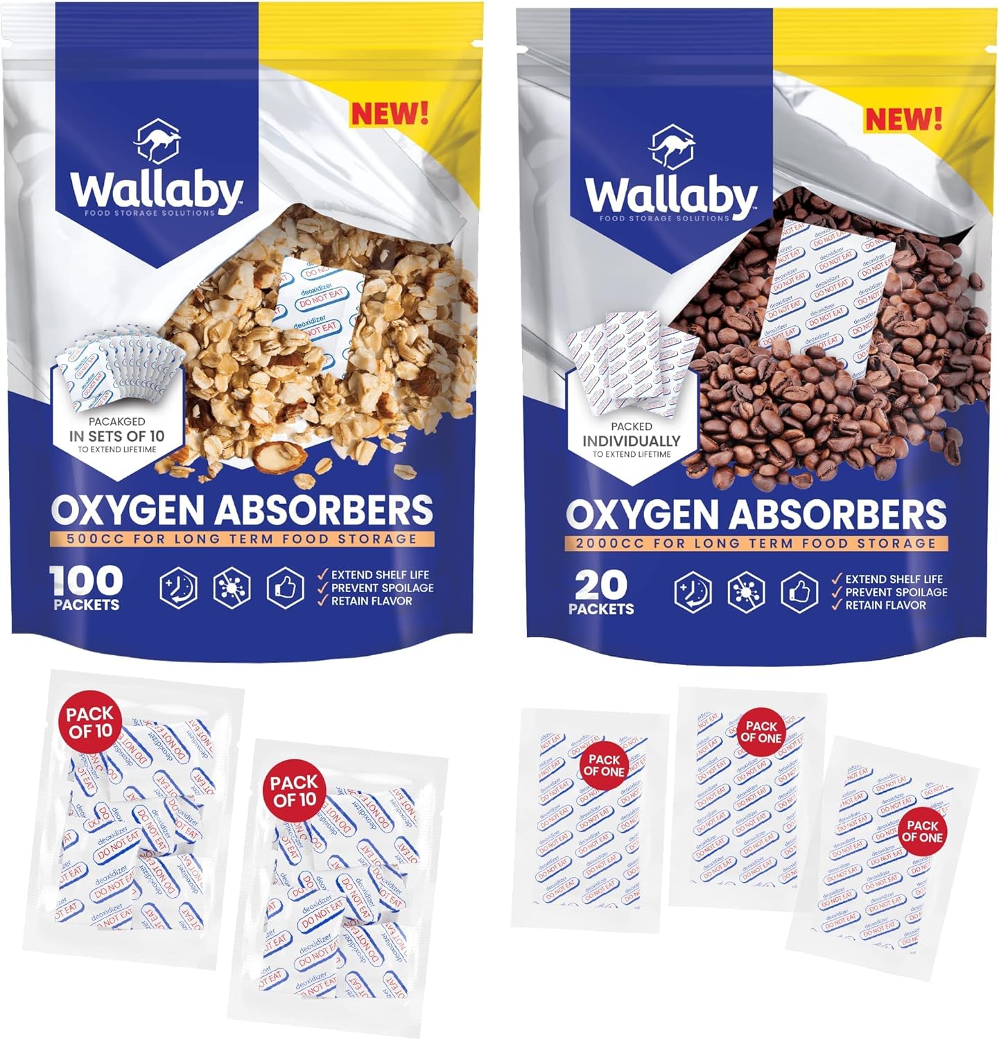 Wallaby 500cc Oxygen Absorbers - 100 Count (10x Packs of 10) + 2000cc Oxygen Absorbers - 20 Count (Individually Sealed) - for Long Term Food Storage & Survival