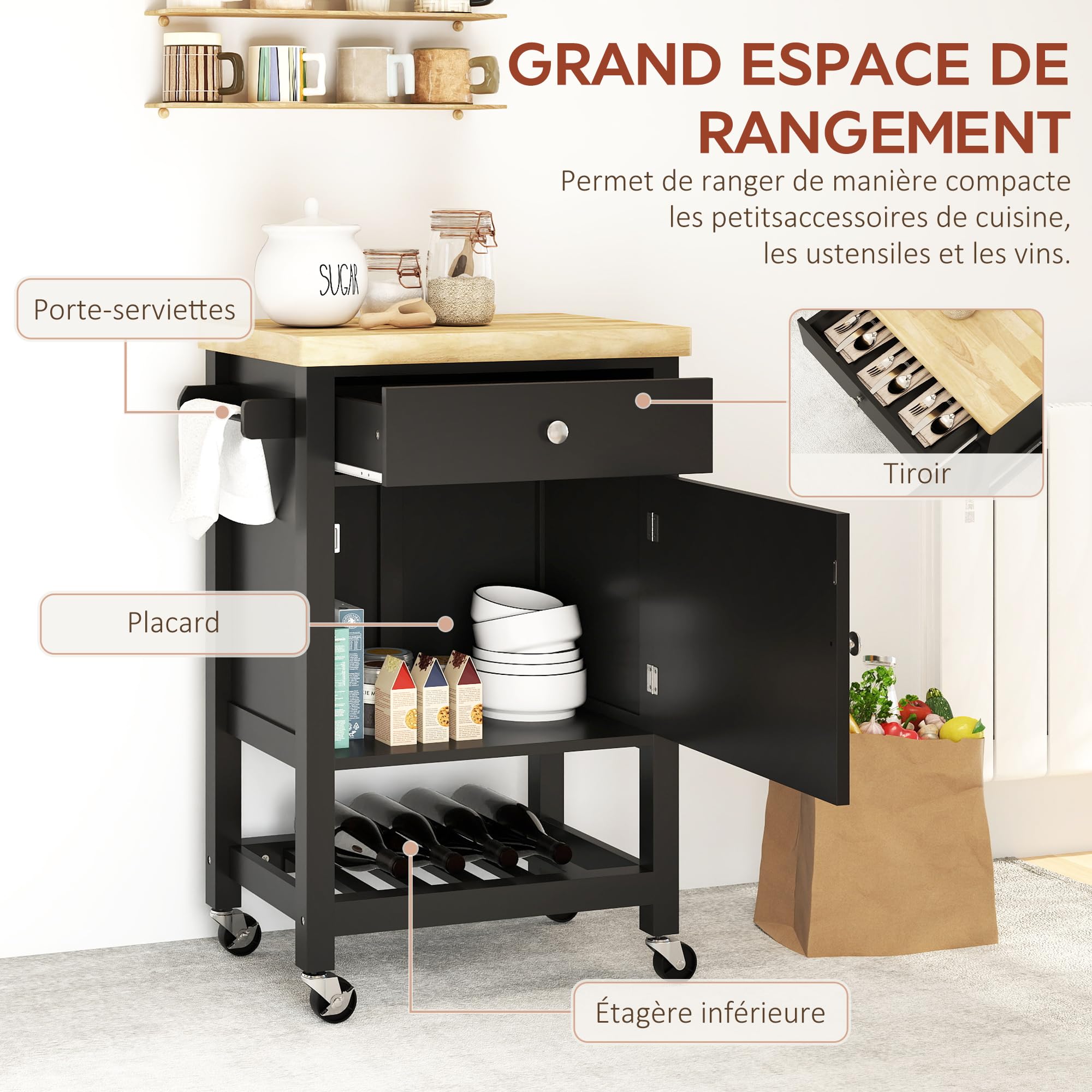 HOMCOM Carro de cocina con ruedas, carro para servir, encimera de madera de caucho, cajón, armario y toallero, carro de cocina y comedor, 63,5 x 40 x 90 cm, negro