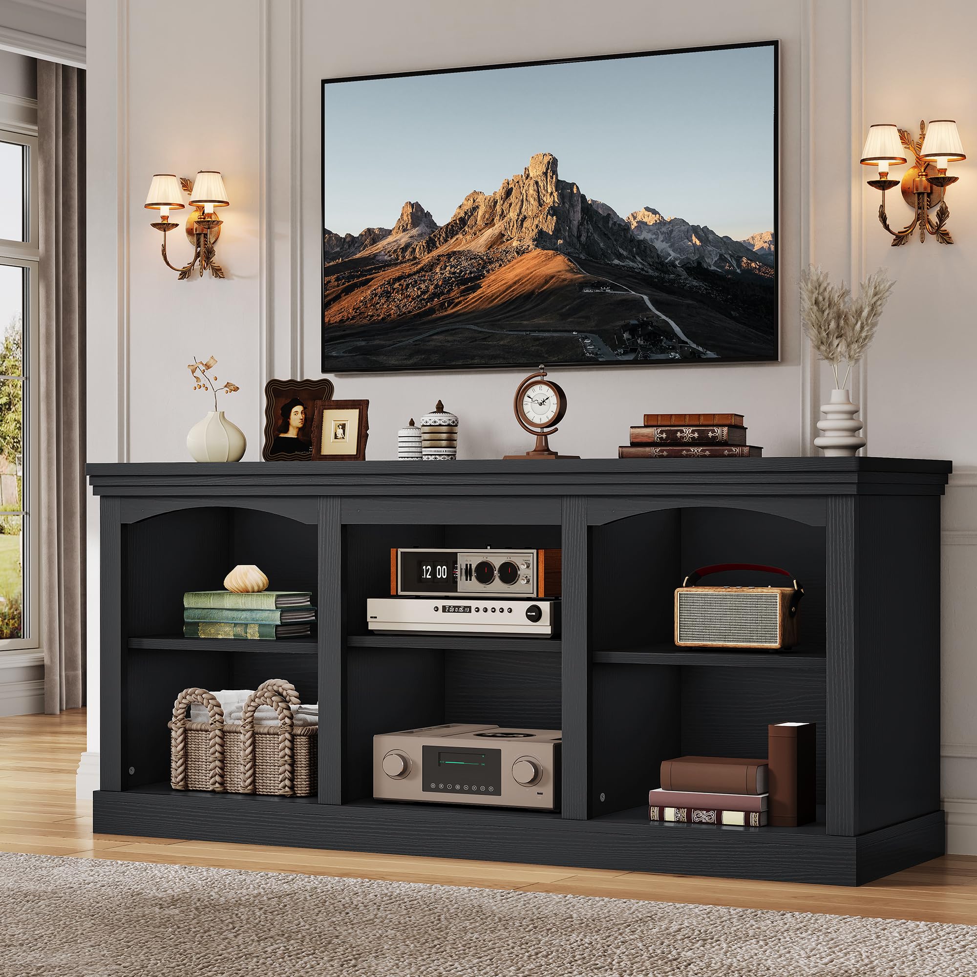 YITAHOME Farmhouse TV Stand with Cord Management for 75/80 Inch TV, Entertainment Center with Adjustable Shelf & Open Storage, 70" TV Console Table
