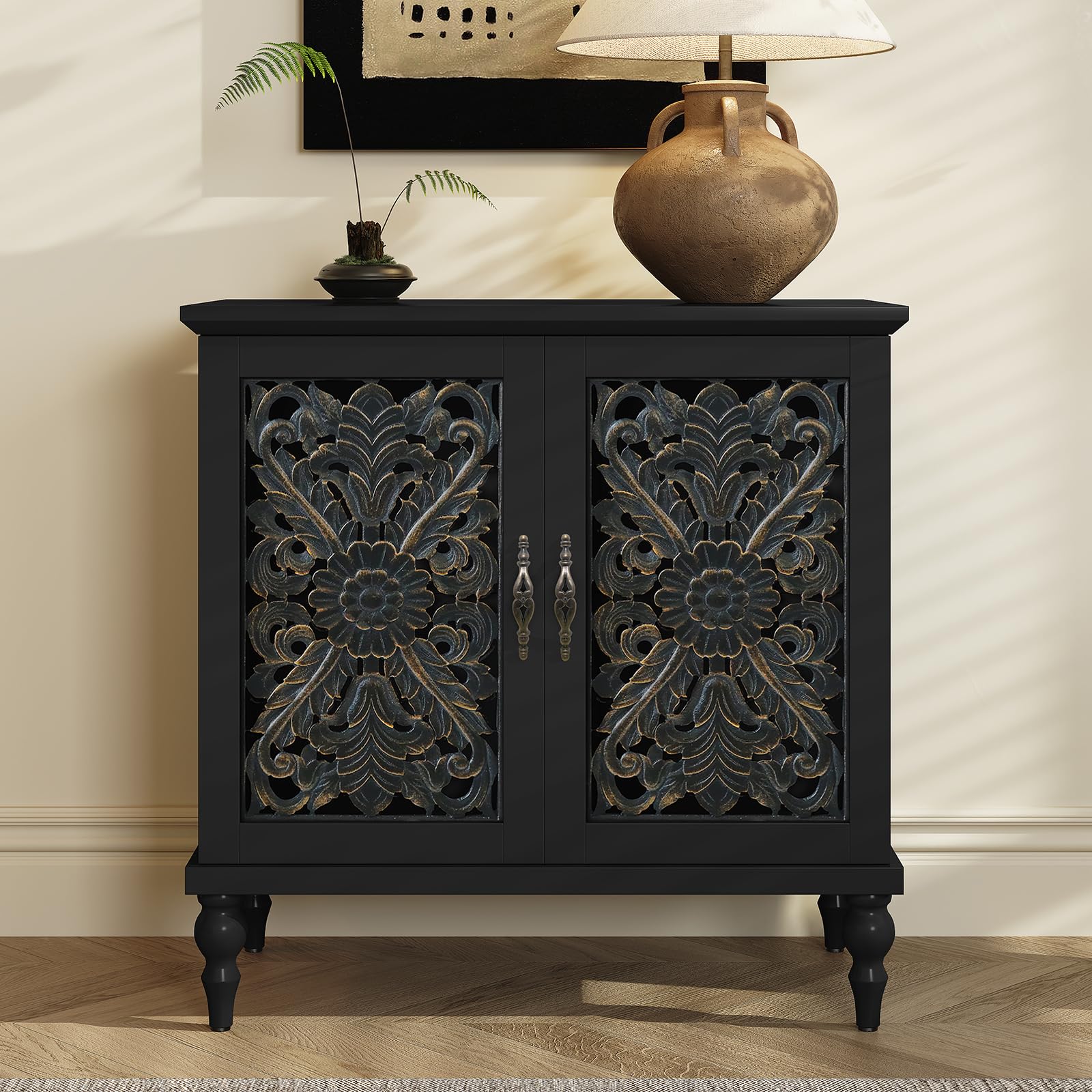 HOLTICO Sideboard Storage Cabinet with 2 Doors, Vintage Hollow Floral Carving Accent Cabinet, Black Wooden Buffet Storage Sideboards for Living Room, Dining Room, Hallway