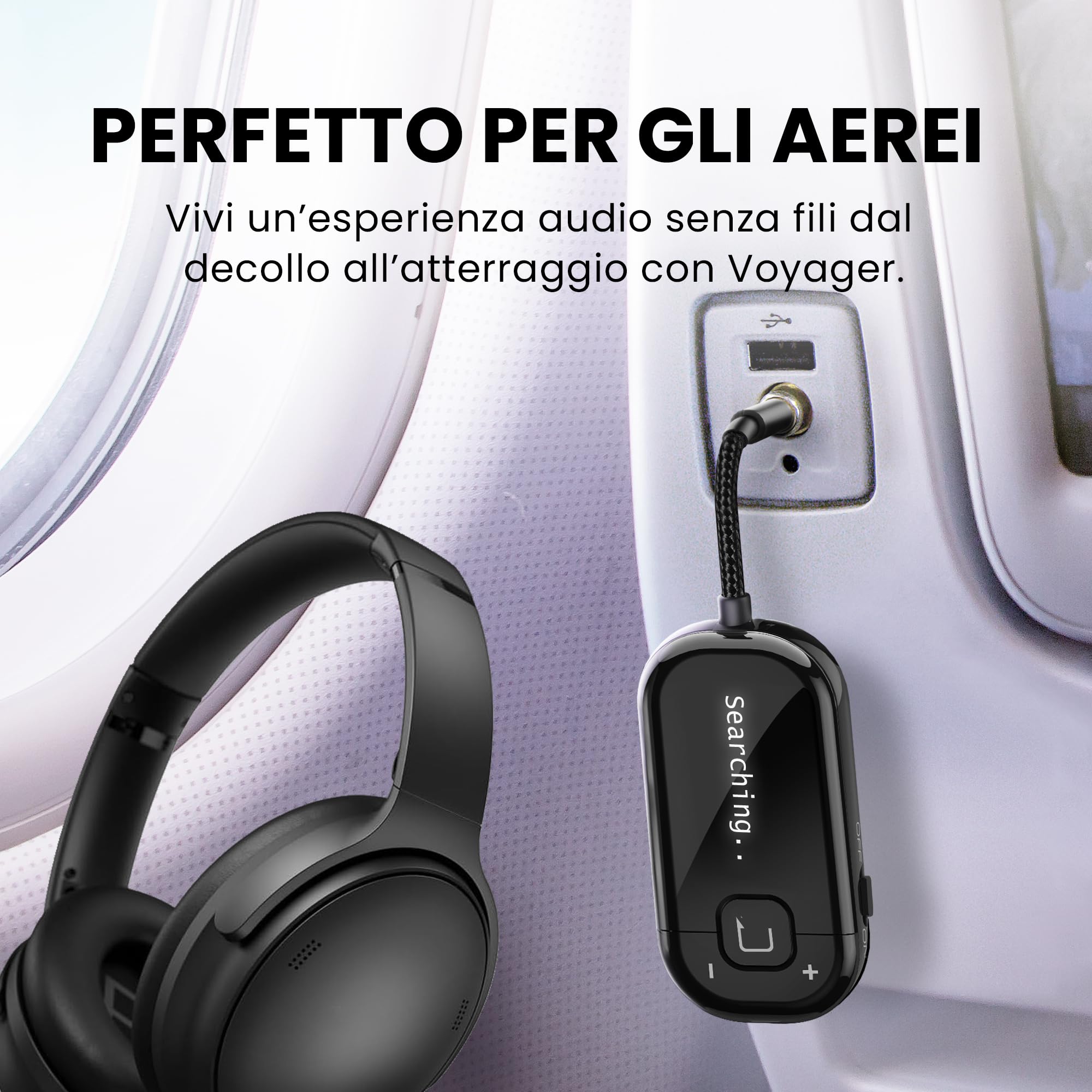 Avantree Voyager – Adattatore Bluetooth 5.4 Per Aereo Con Schermo OLED Per Cuffie E AirPods, Chipset Qualcomm, aptX Adaptive, Supporto Auracast, Trasmettitore Audio Wireless AUX 3,5 mm Per Viaggi