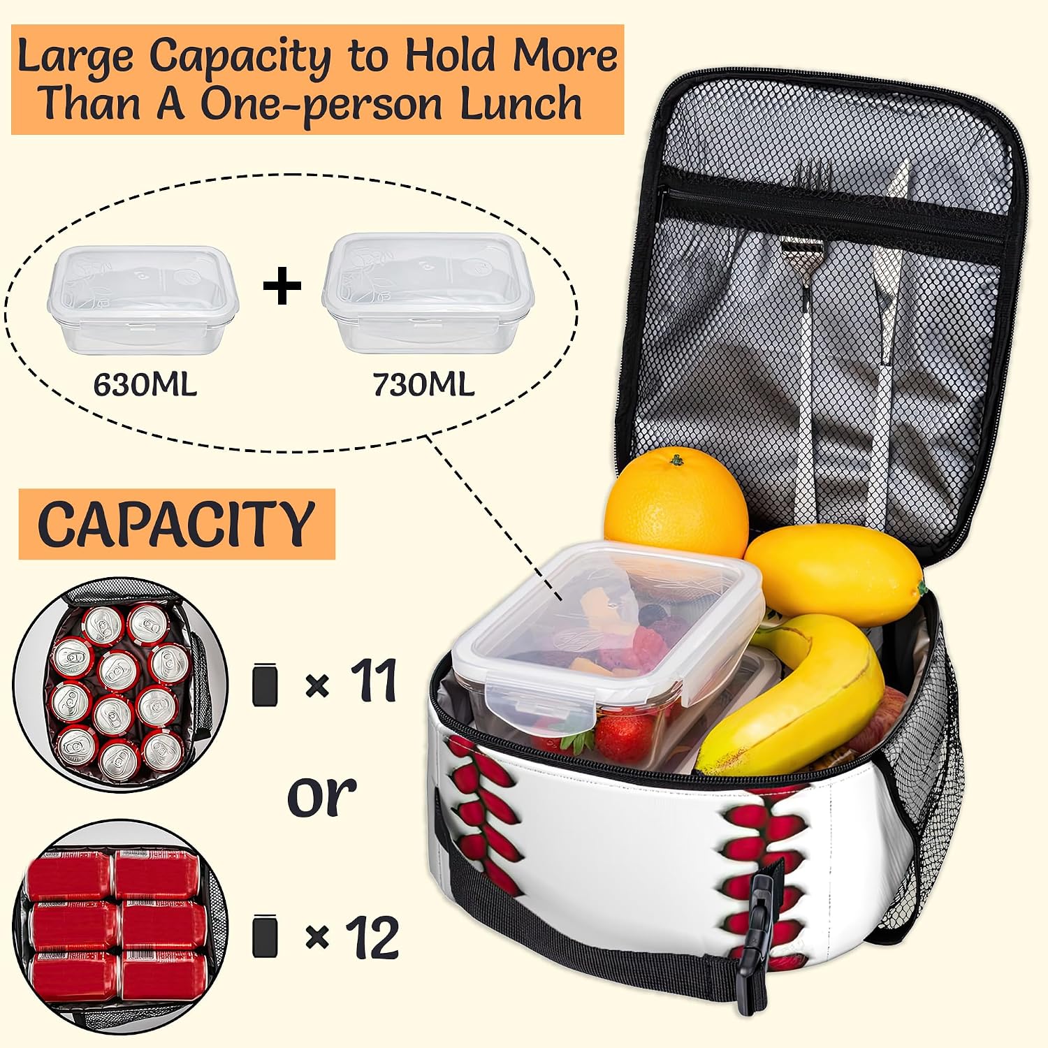 Baseball Lunch Bag for Kids,Boys Sport Insulated Lunch Box for Women, Large Capacity with Mutiple Pockets Gilrs Boys School Thermal Bag for Work,Picnic,Hiking