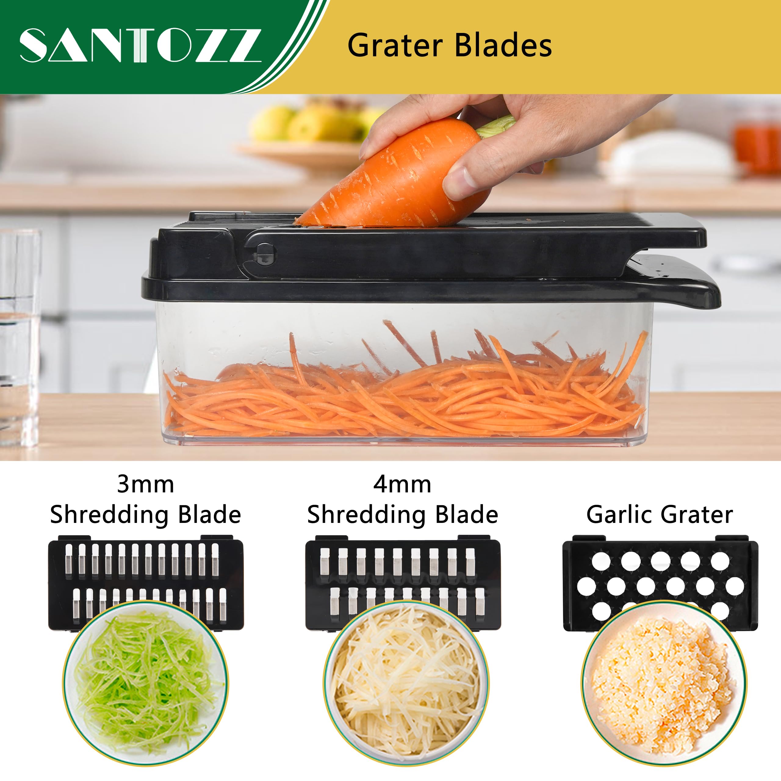 SANTOZZ Cortador de verduras multifuncional con cuchillas intercambiables, recipiente incluido, molinillo de ajo, cortador de patatas y zanahorias