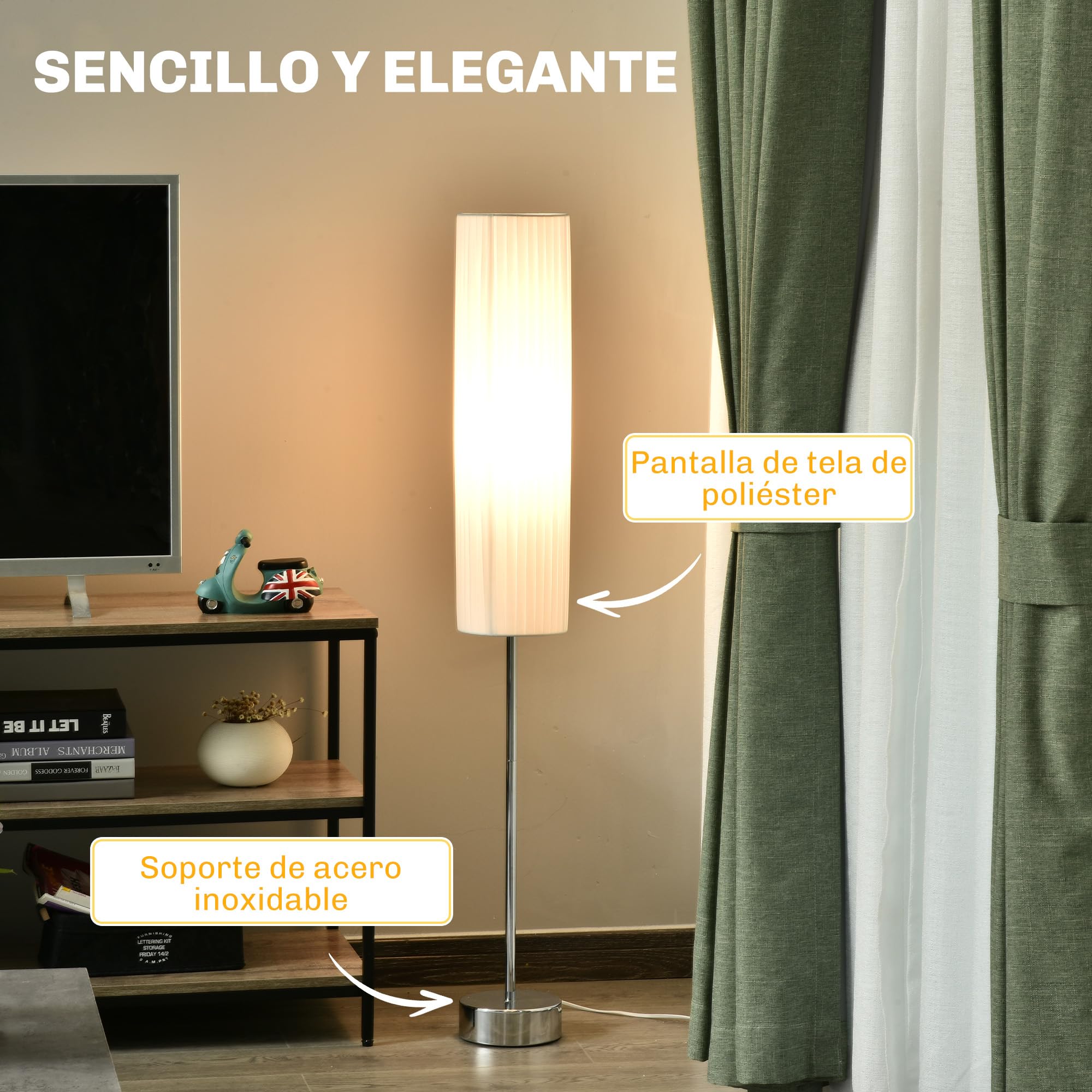 HOMCOM Lámpara de Pie Moderna para Dormitorio Estudio Salón 120 cm Blanco