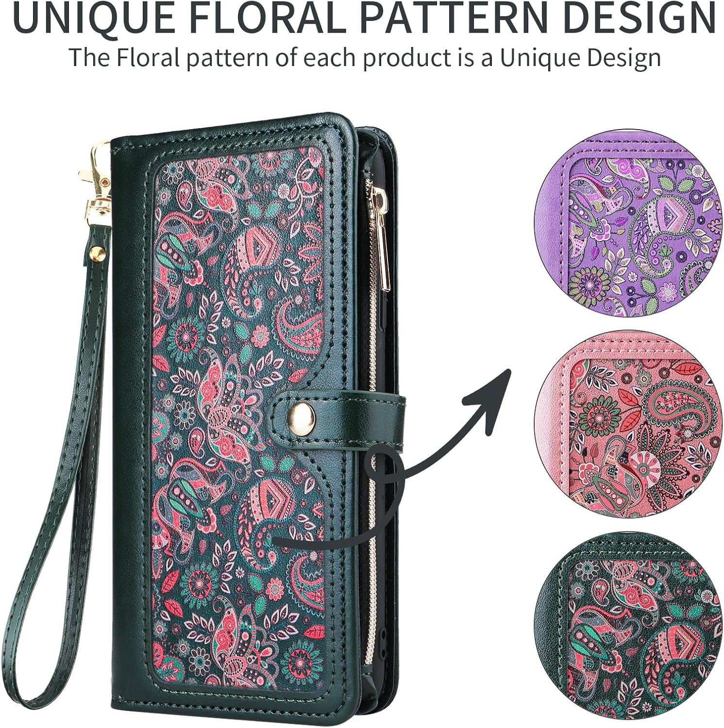 Dswteny for Samsung Galaxy S24 Plus/S25 Plus S24+ S25+ 5G Floral Wallet Case, Zipper Purse Flip Credit Card Holder Stand Cell Phone Cover for S24Plus 24S + S 24 24+ S25Plus 25S 25+ Women Men Green - Image 6