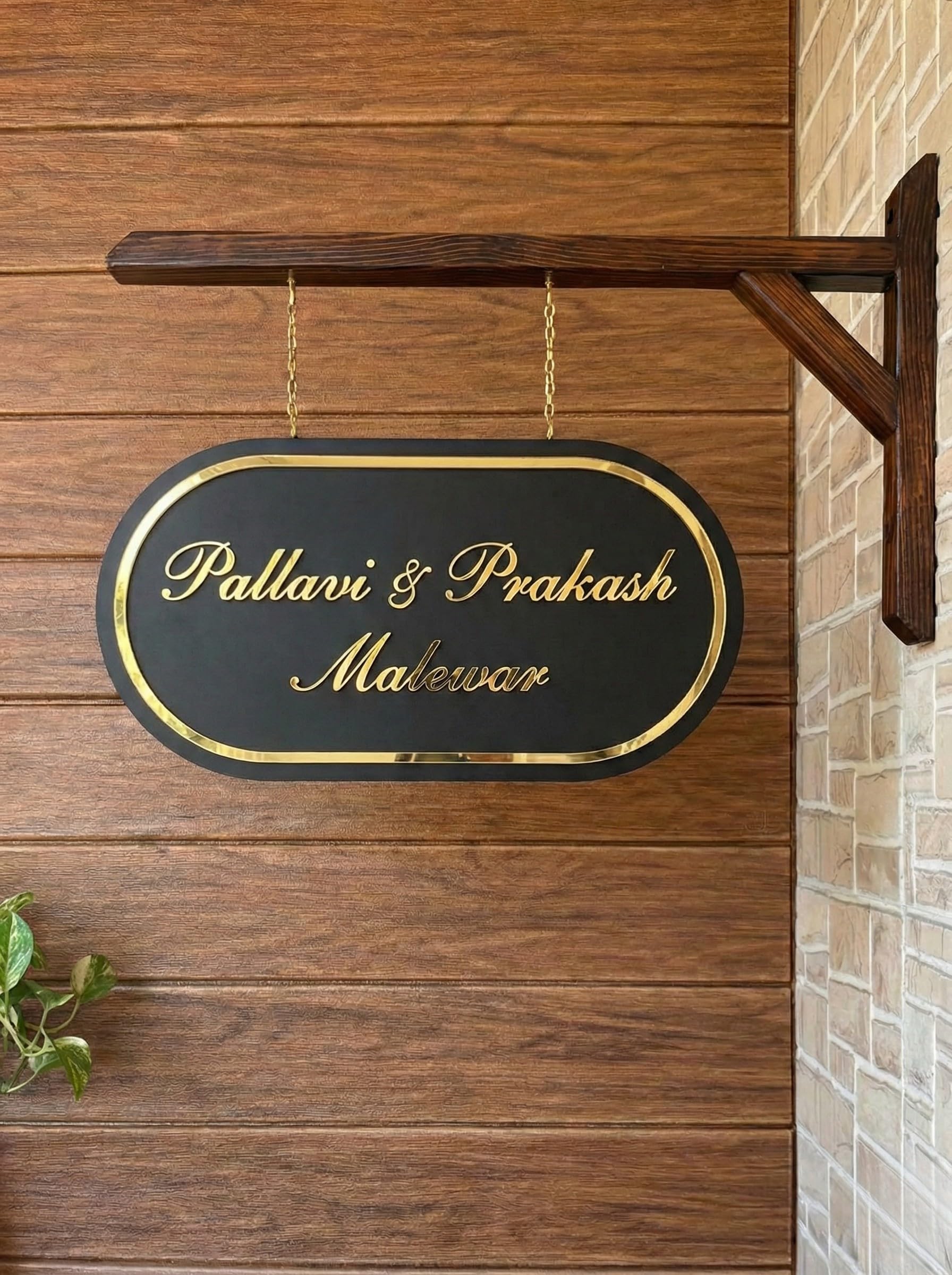 Personalized Wooden Hanging Name Plate for Home Entrance | 19x17 Inch Customized Name Board with Wall Bracket | Premium 3D Gold Acrylic Letters | Classy Oval Sign for House, Villa & Bungalow-image-33