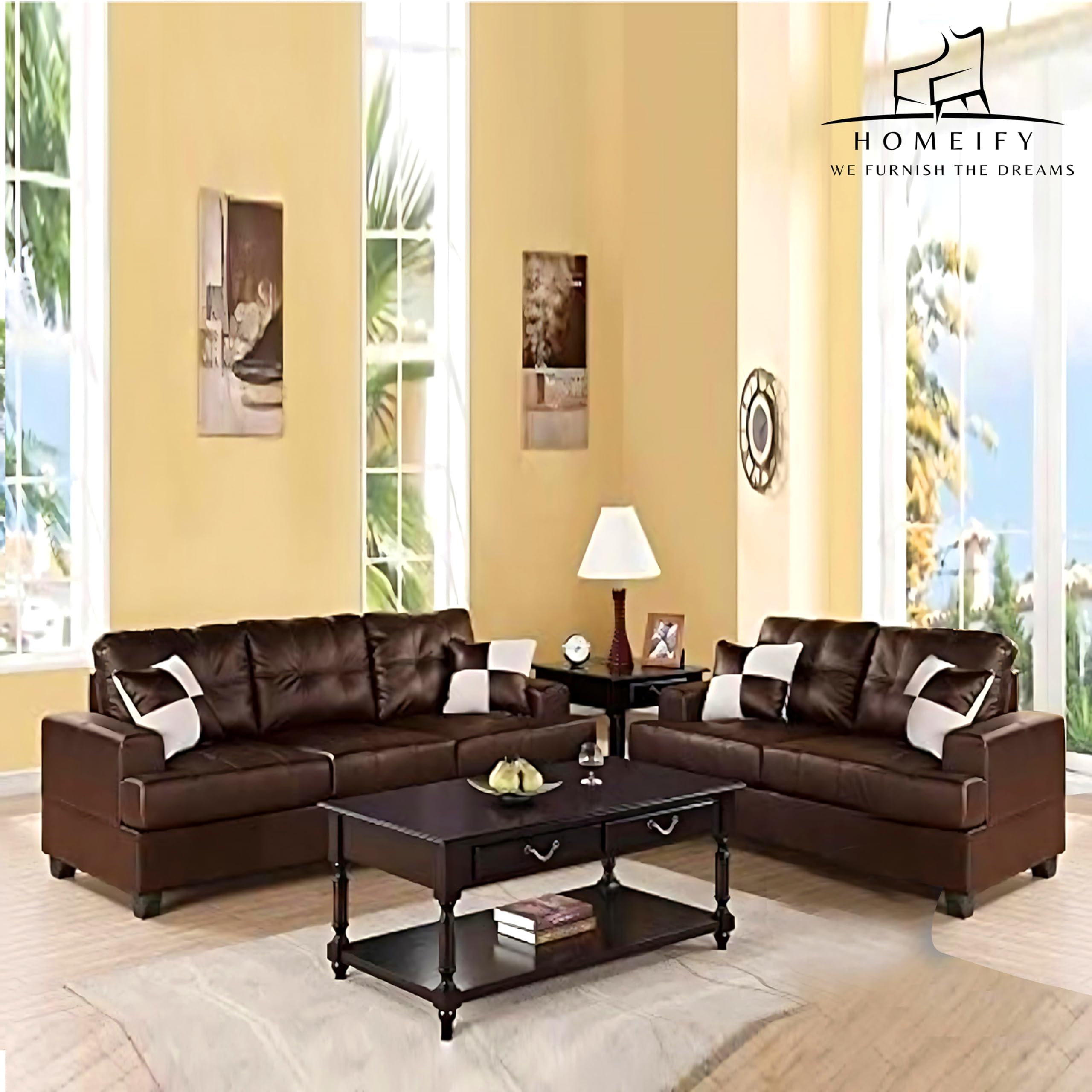 Homeify Harlow Wooden 5- to 6-Person Sofa 2+3 Leather Sofa Set for Living Room (Leatherette,Dark Browne)