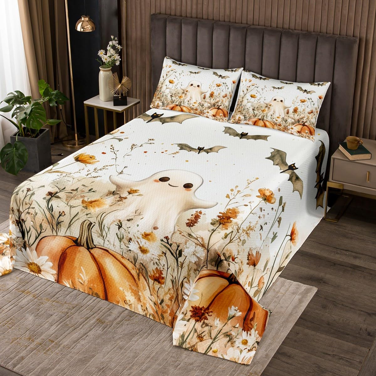jejeloiu Halloween Bedspread King Size Kids Cute Ghosts Pumpkin Quilted Coverlet for Boys Girls Teens Botanical Floral Bats Coverlet Set White Orange