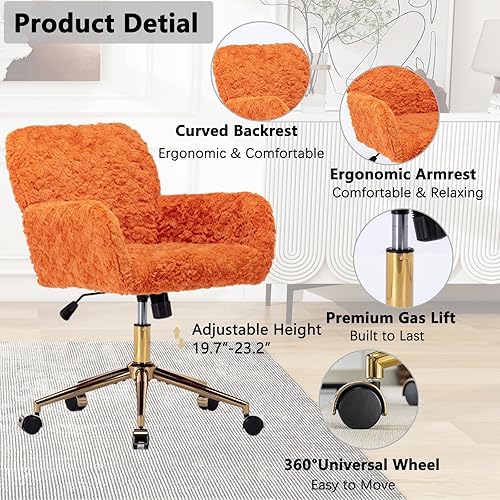 Miniatura 54 de Silla moderna de peluche para oficina en casa, bonita silla de escritorio tapizada con patas de metal dorado, silla giratoria ajustable con ruedas,