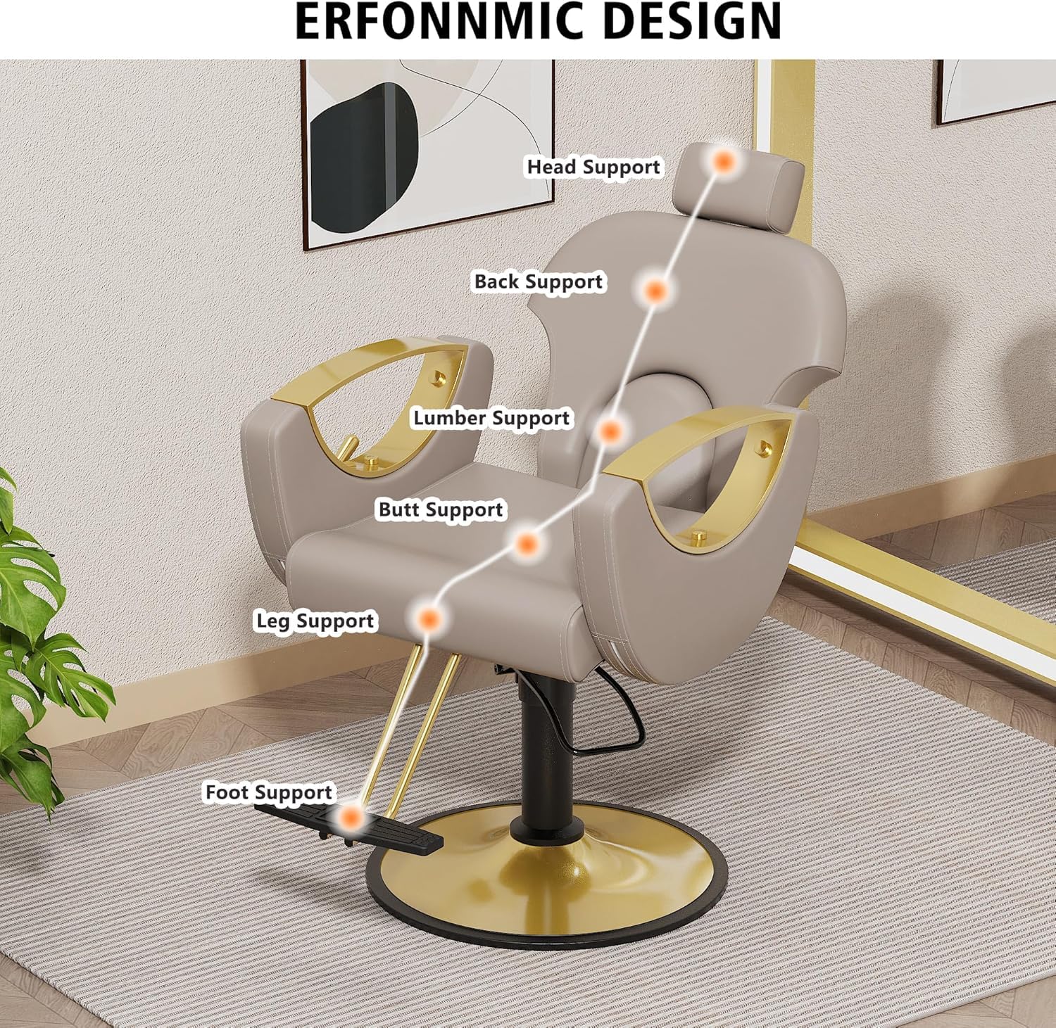 Silla de peluquería Profesional Sillón Profesional Giratoria 360°con Altura Regulable Reposacabezas Ajustable y Reposapiés para Salón de SPA y Belleza, Barbería, Carga 150 kg (Beige Dorado)