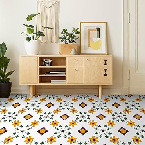 Miniatura 3 de Alwayspon Suelo de vinilo, diseño retro de flores naranjas autoadhesivas para azulejos de suelo de transferencia para baño, cocina, salpicaduras,