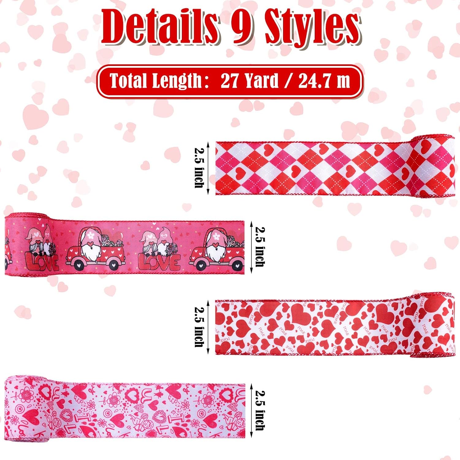 Waydress 9 Rolls Valentine's Day Wired Edge Ribbon for Wreaths 2.5 Inch x 27 Yards Red Love Heart Truck Pattern Ribbons for Valentines Gift Wrap DIY Crafts Wedding Birthday Party Decoration