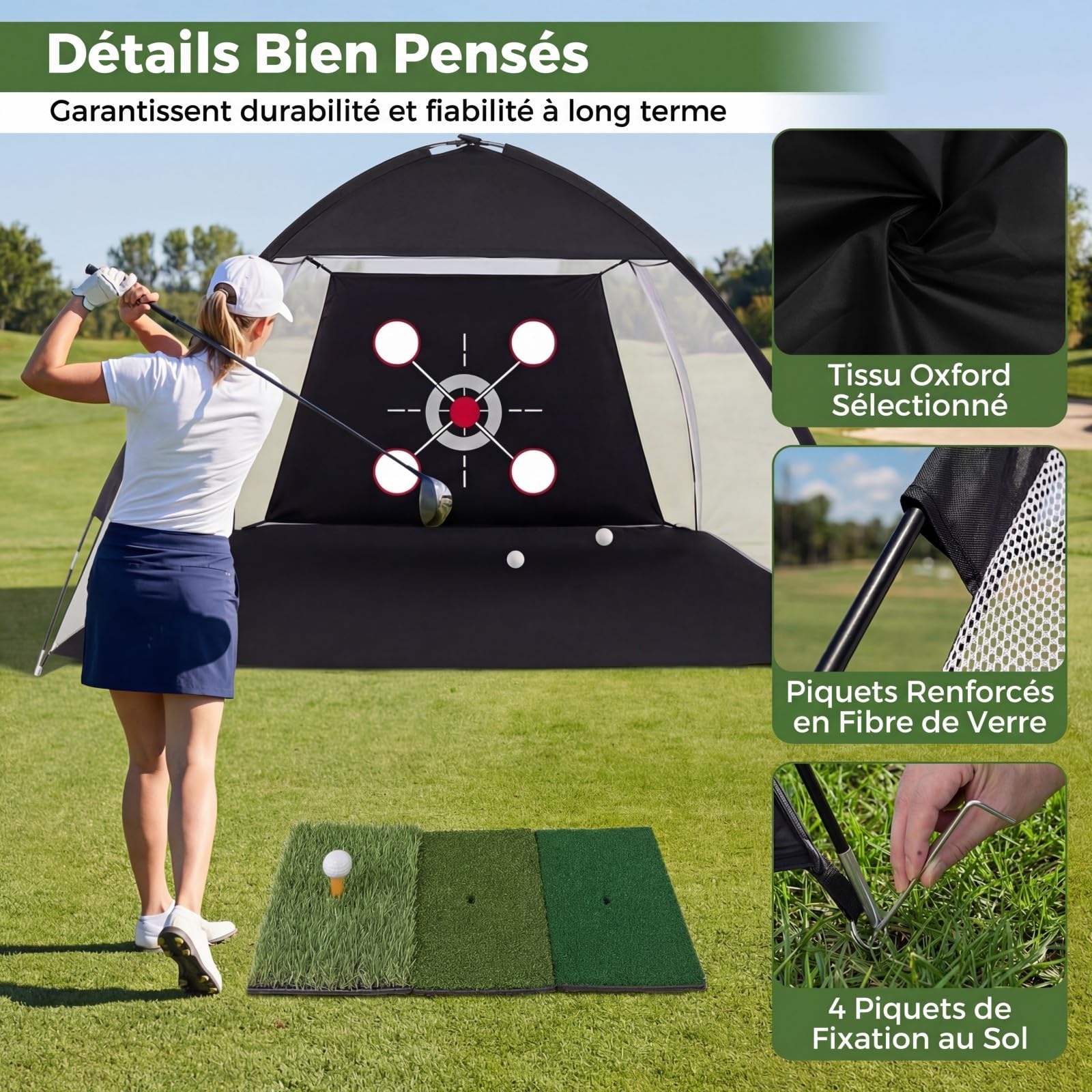 COSTWAY Filet de Golf 3x2M avec Cible Multiples, Filet d'Entraînement de Golf avec Tapis de Frappe Balles Tee Piquets Sac Transport, Intérieur&Extérieur au Drive Chip Swing, Débutant&Golfeur