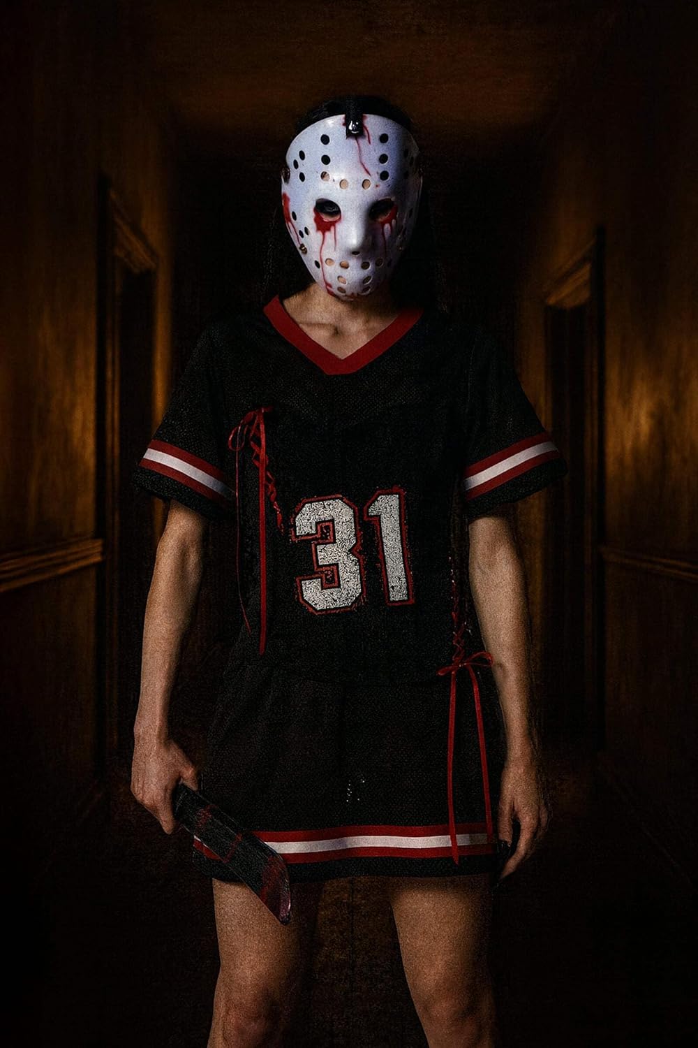 Dolls Kill Killer Hockey Costume by Trickz N’ Treatz – Women’s Black & Red Lace-Up Jersey Dress with Mask