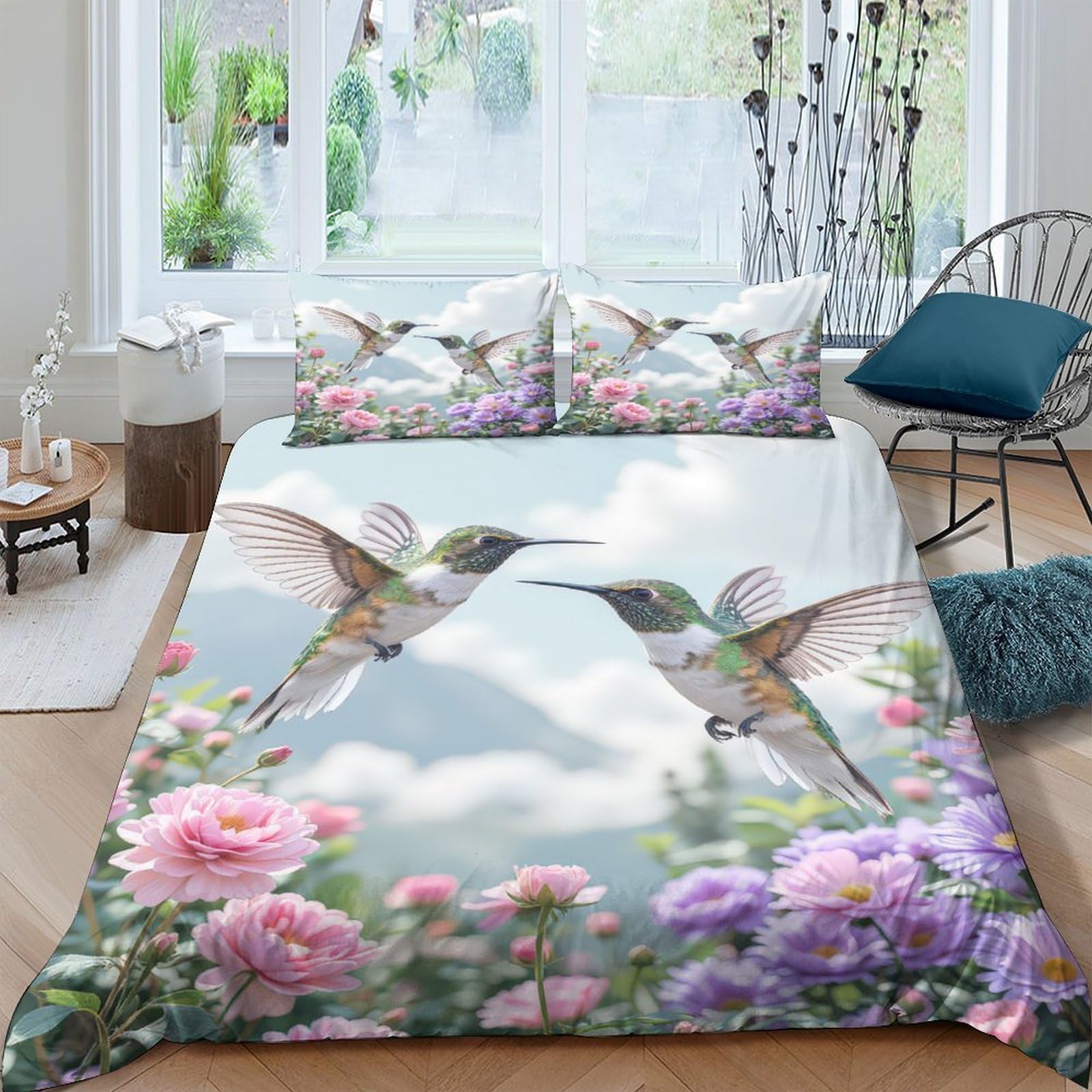 Ctjqhvkz Style-4 3D Printed Hummingbird Floral Fitted Sheet Microfiber Soft Pink Purple Mattress Cover For Bedroom Guest Room Decor Single（135X200cm）