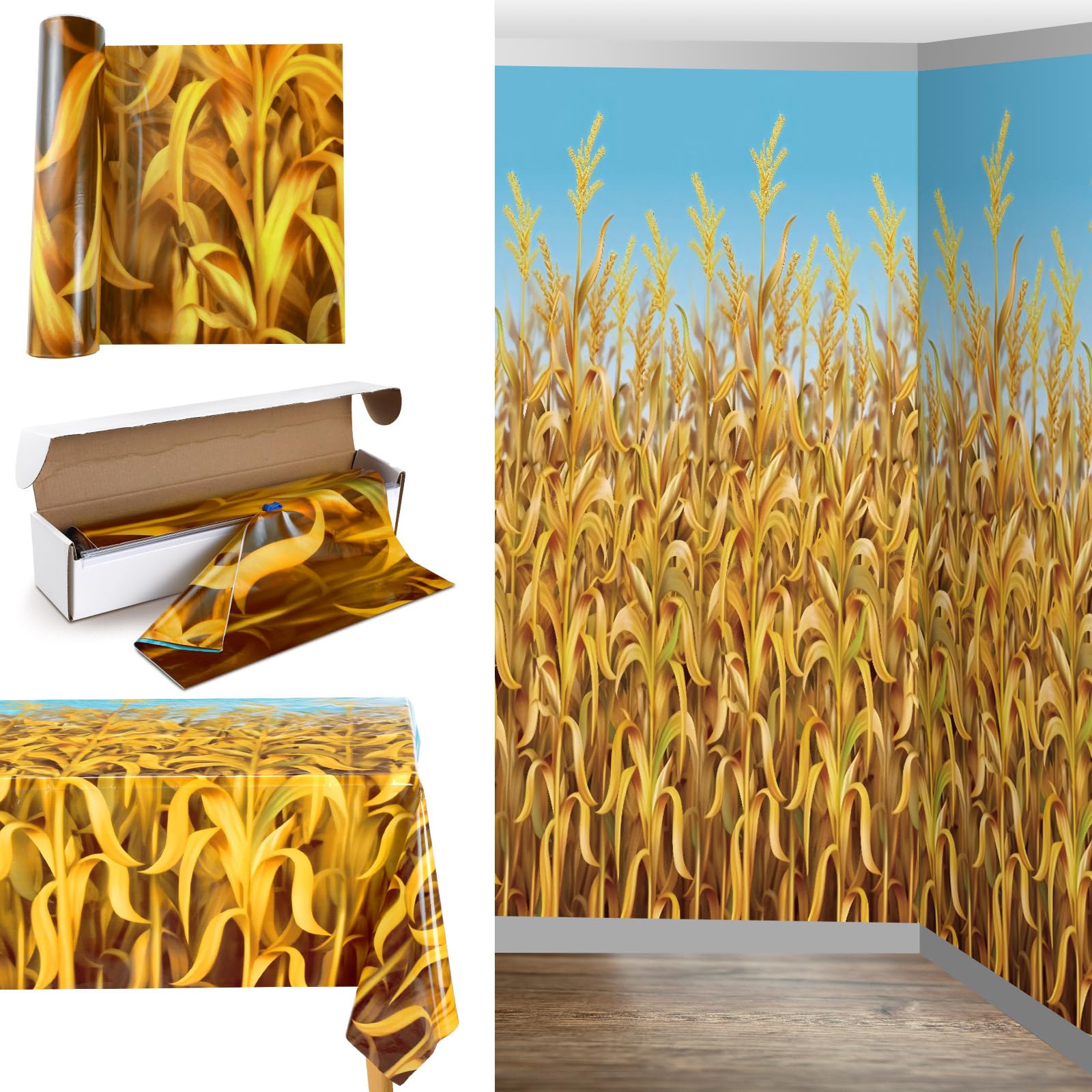 54 Inch x 100 ft Fall Corn Field Tablecloth Roll Cornstalk with Cutter Box