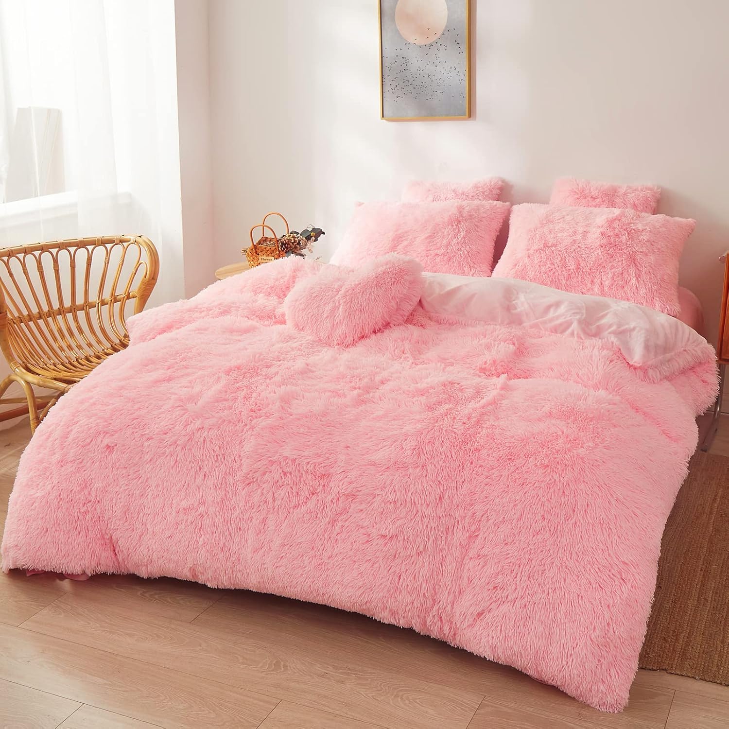 Pink Fluffy Comforter Queen Size with Filler, Soft Faux Fur