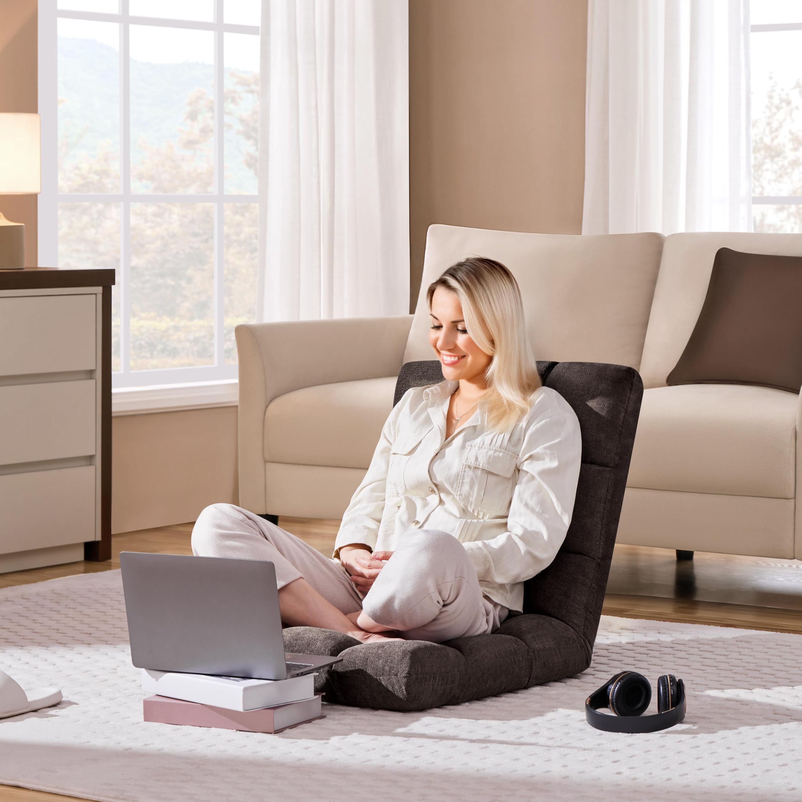 Yaheetech Bodenstuhl Faltbar, Lazy Sofa, Relaxsessel klappbar, Meditationsstuhl, Bodensessel mit Verstellbarer Lehne, Lesesessel für Zuhause oder Büro Braun