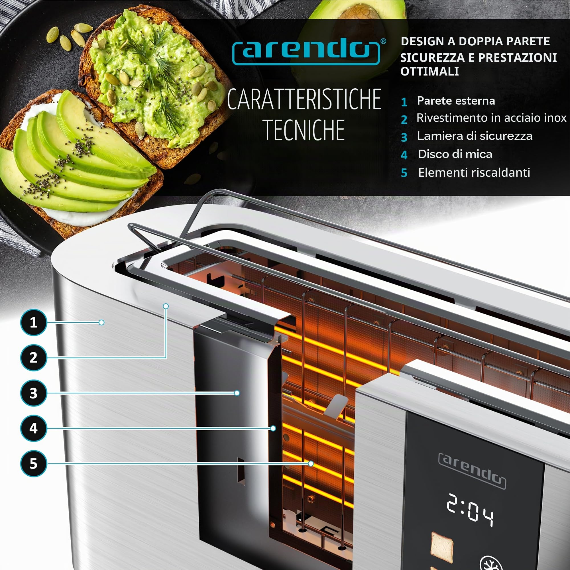 Arendo - Tostapane in acciaio inox con 2 fette a fessura lunga - Touch screen - alloggiamento a doppia parete - Inserto per panino integrato - 6 gradi di doratura - centraggio del pane