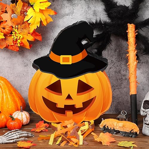 Miniatura 3 de Aoriher Piñata de calabaza de Halloween, piñata de Halloween, decoración colgante de Halloween, piñata con palo vendados y confeti, piñata rellena
