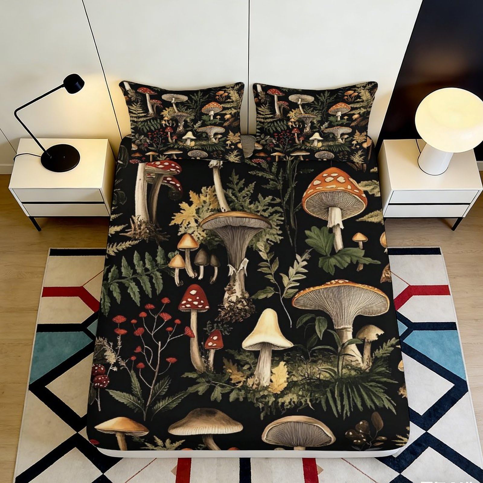 3D Printed Vintage Mushroom Fitted Sheet Microfiber Forest Botanical Bed Cover for Bedroom Dorm Mattress Decor 90x200x25cm