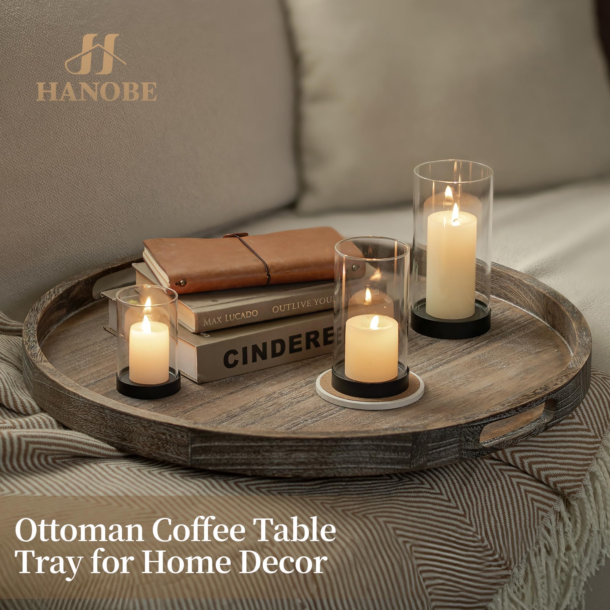 Hanobe Bandeja otomana decorativa de madera para sala de estar con asas, 22 pulgadas | Bandeja grande para mesa de café rústica redonda para decoración del hogar