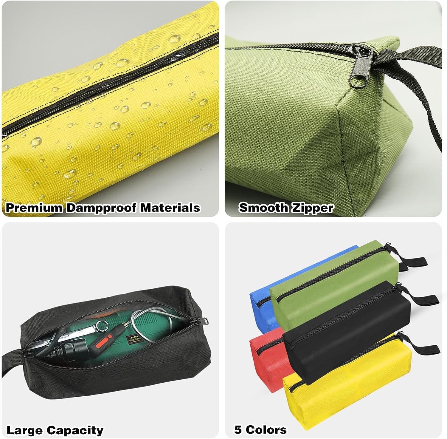 Pack of 5 Tool Bags with Closure, Large Capacity 30 x 10 x 10 cm, Multipurpose Storage Bag, Tool Organizer Zipper Bag (5 Colors)