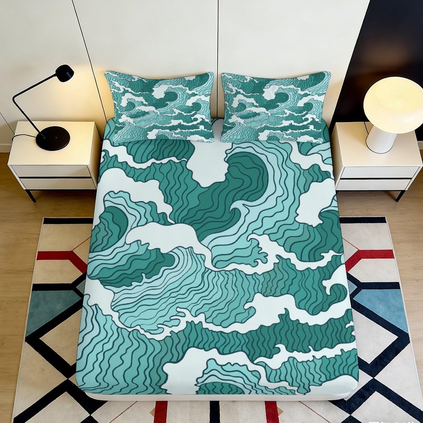 3D Printed Ocean Wave Pattern Fitted Sheet Microfiber Soft Mattress Cover Green Abstract Bedroom Decor 140x200x25cm