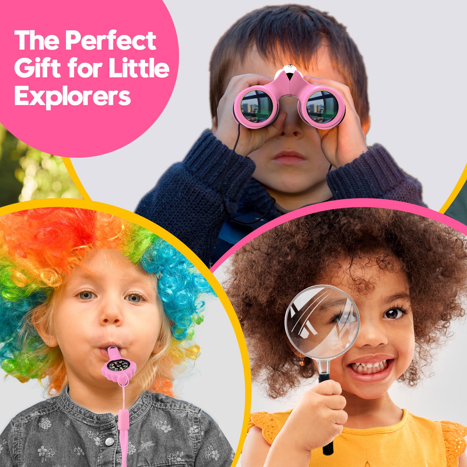 Binocolo Bambini 8x21 Ottica reale ad alta risoluzione, con lente d'ingrandimento e bussola fischietto, binocolo per bambini da 3 a 12 anni, ragazzi e ragazze, escursioni, viaggi