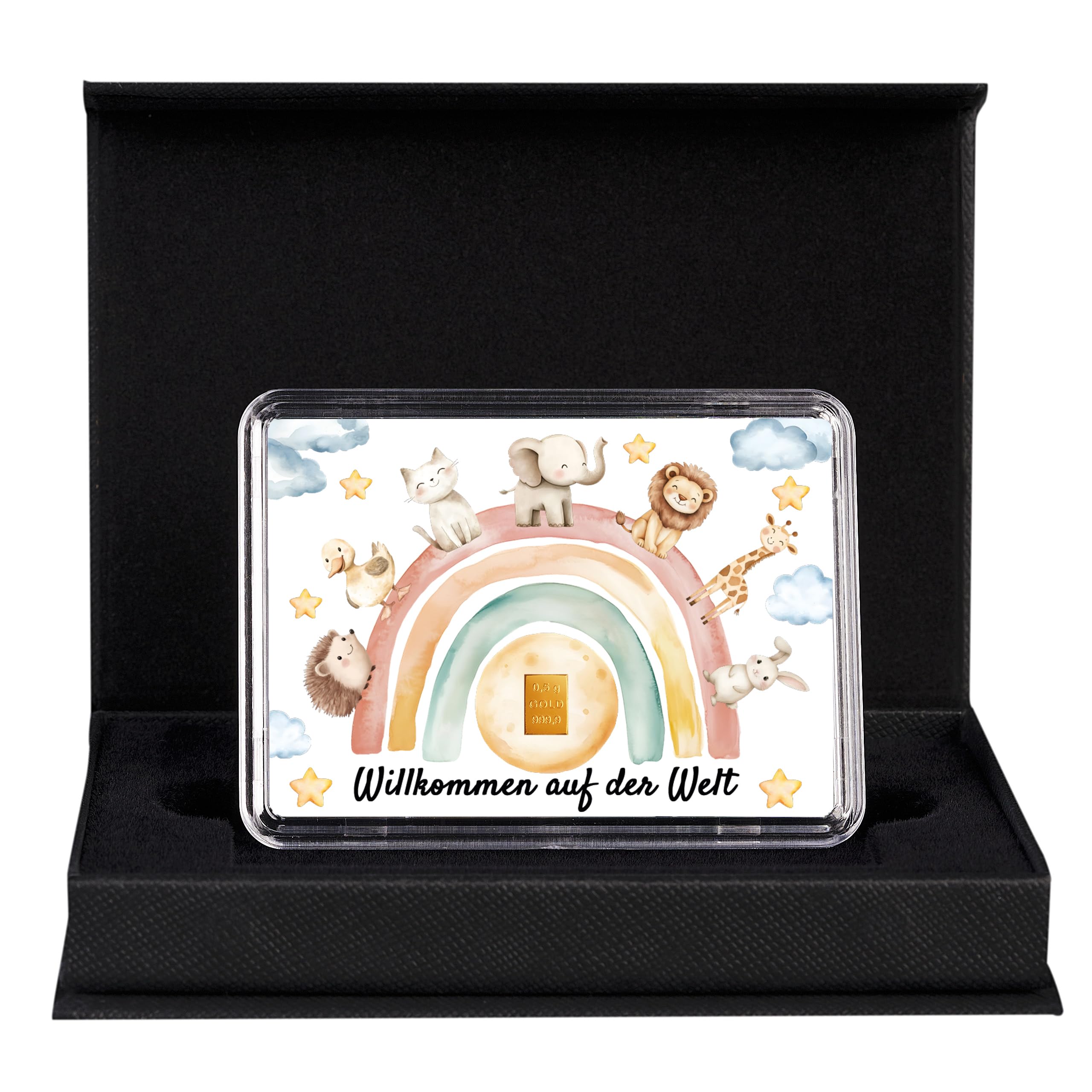 Goldstücke24 Gold Geschenk zur Geburt Baby – Goldbarren oder Krügerrand Goldmünze – Motivbox „Willkommen auf der Welt“ in Geschenkbox mit Schleife & Grußkarte (0,5g Goldbarren)