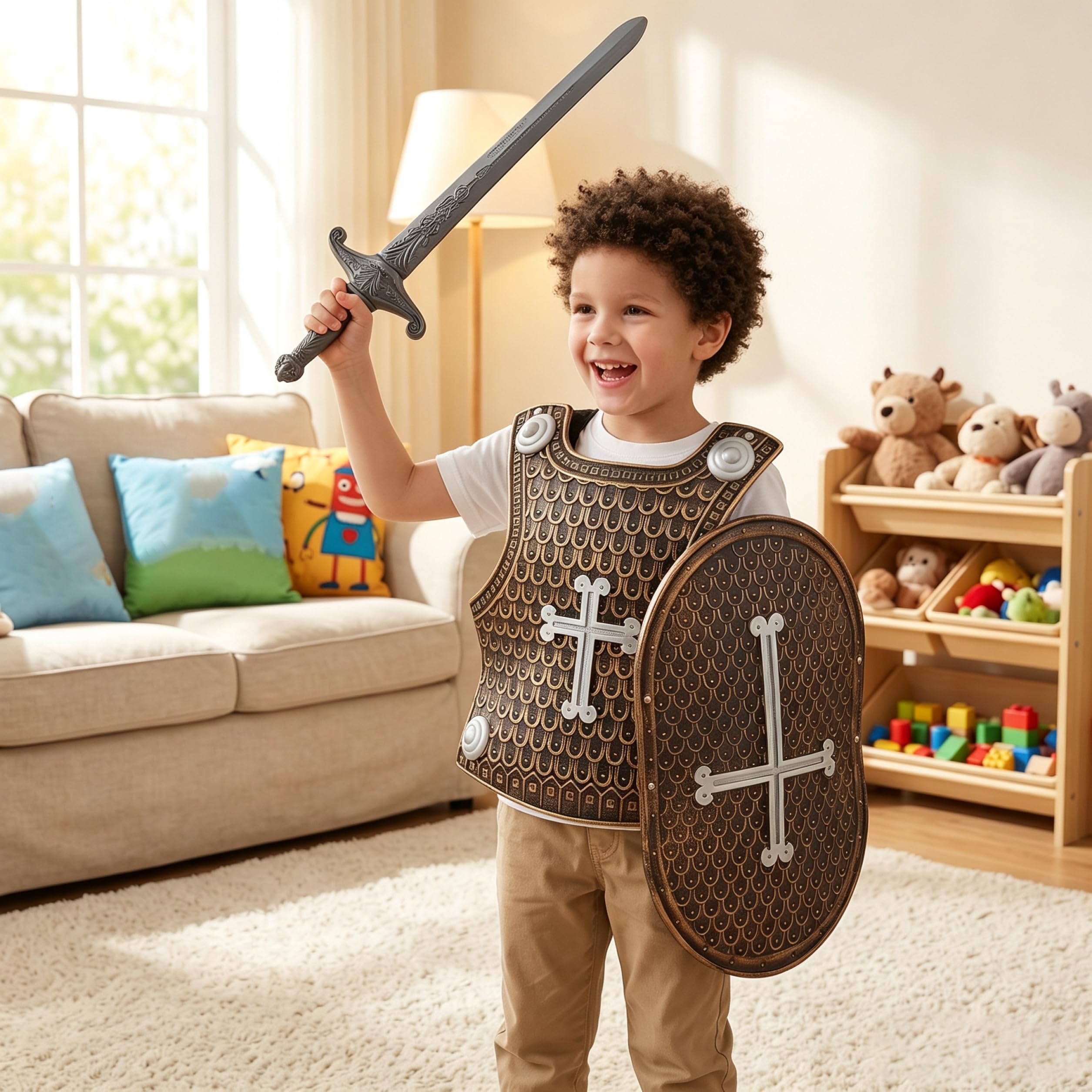 Costume da cavaliere per bambini, 2 set, kit armatura, casco da cavaliere, sistema operativo nero