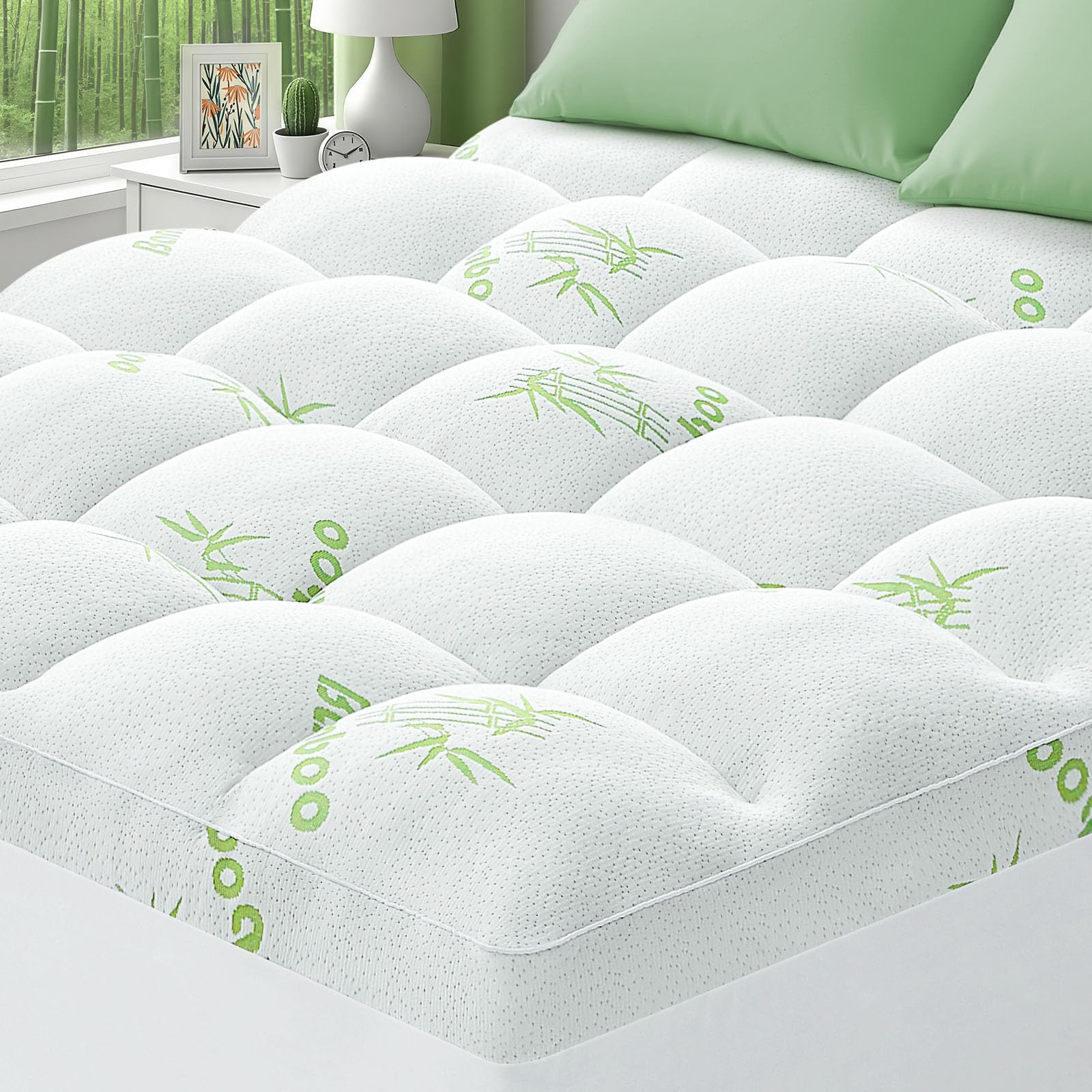 HYLEORY Queen Size Mattress Topper - Viscose Made from Bamboo Pillow Top Mattress Pad for Back Pain Relief
