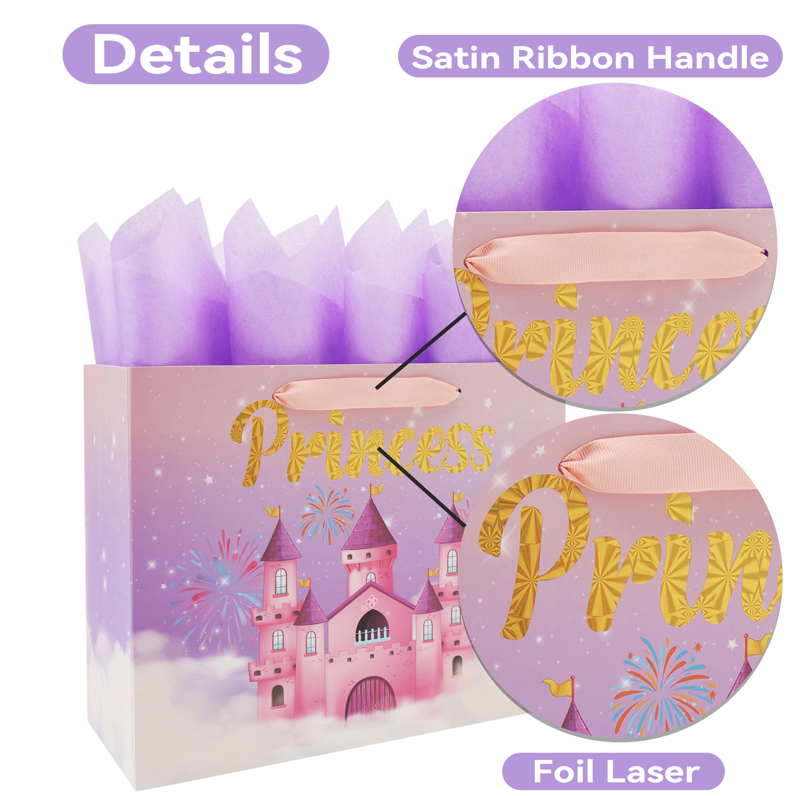 wishinside 13'' Large Princess Gift Bag Set with Handles, Greeting Card, Purple Tissue Papers and Stickers for Women Girls Kids Teens for Birthday Party, Wedding, Anniversary, Castle Design, 1 Pcs