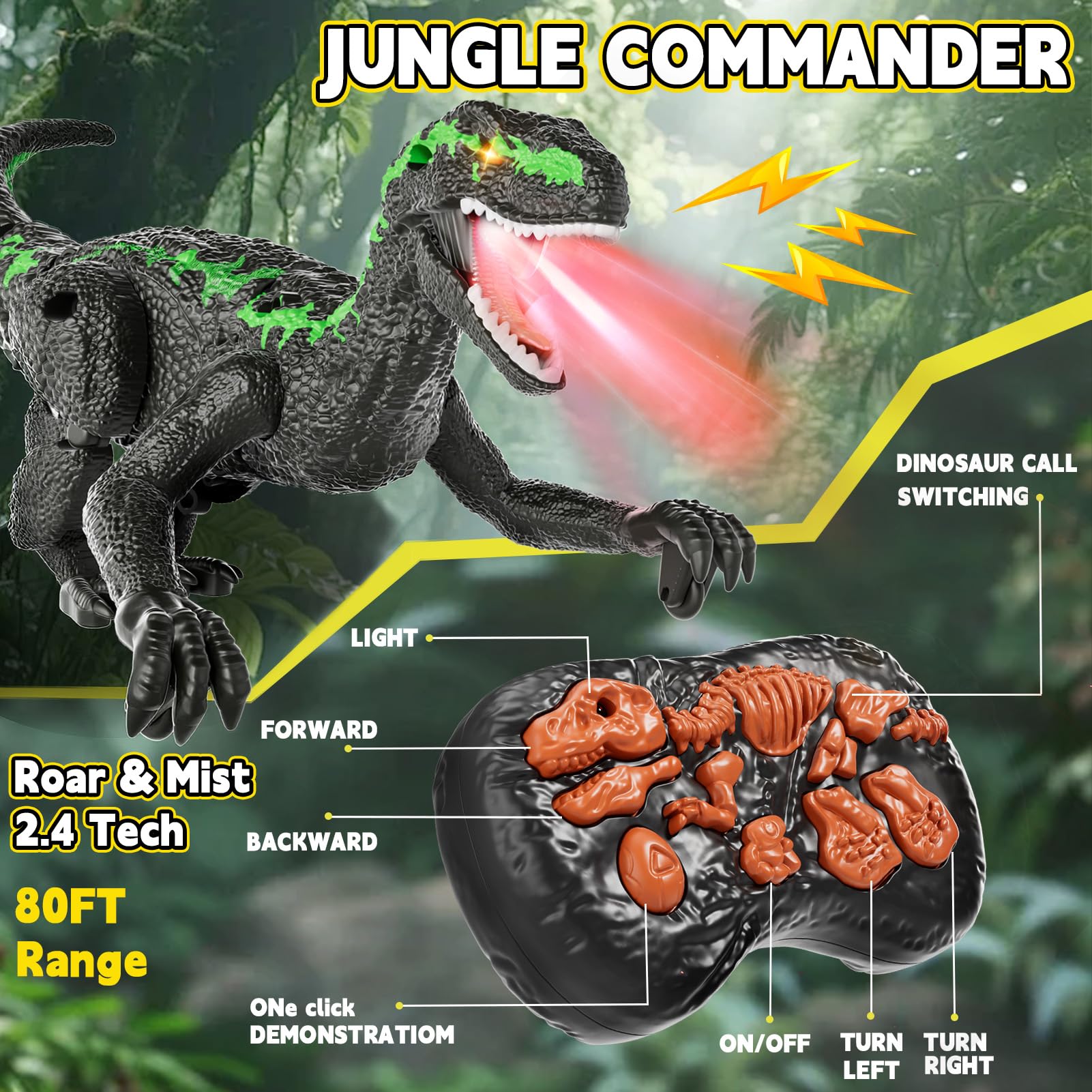 Dinosaure Télécommandé RC Rechargeable 2,4 GHz avec Yeux 3D et 3 Sons, Jouet Interactif pour Enfants 3+ (Vert)
