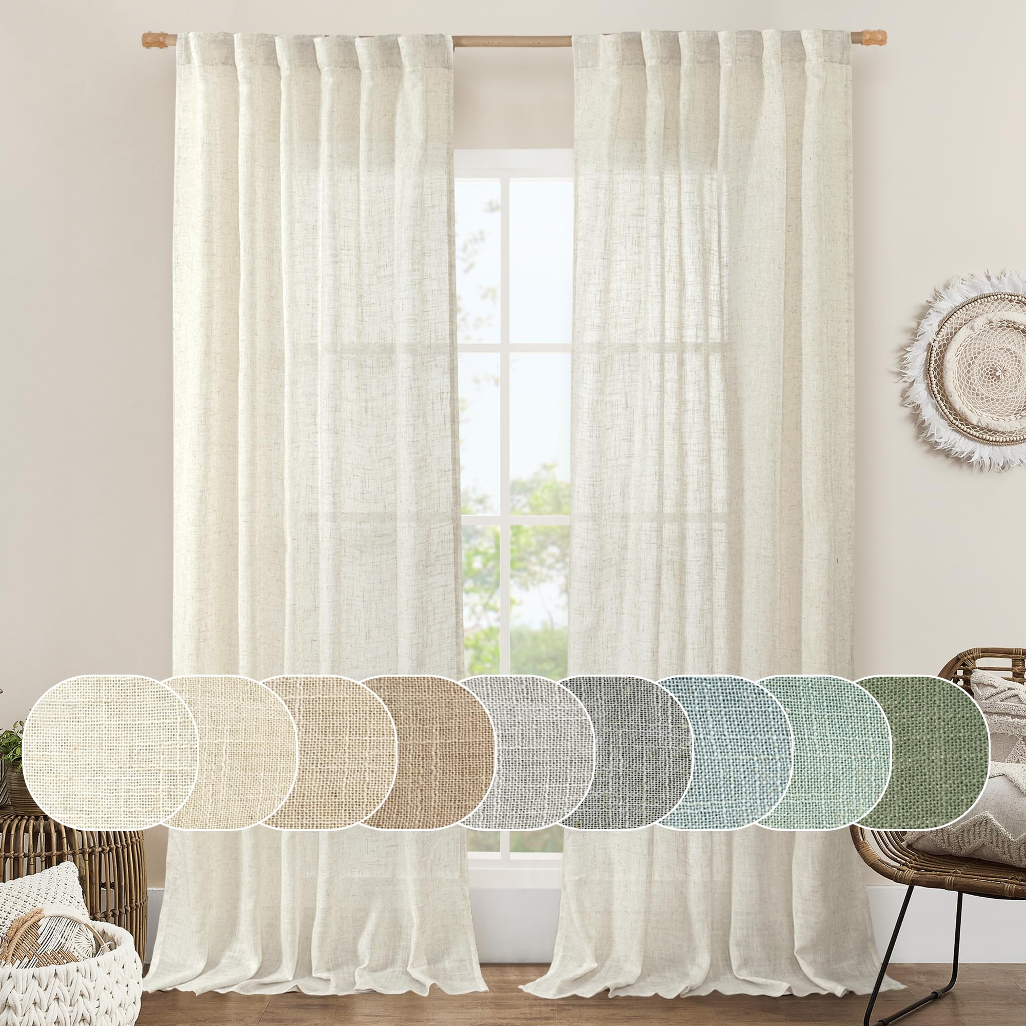 Photo 1 of LAMIT 108 inch Linen Curtains for Living Room, Back Tab and Rod Pocket Cream Ivory Extra Long Curtains Light Filtering Neutral Drapes for Large Window, 2 Panels,52 x 108 Inch, 9FT, Natural