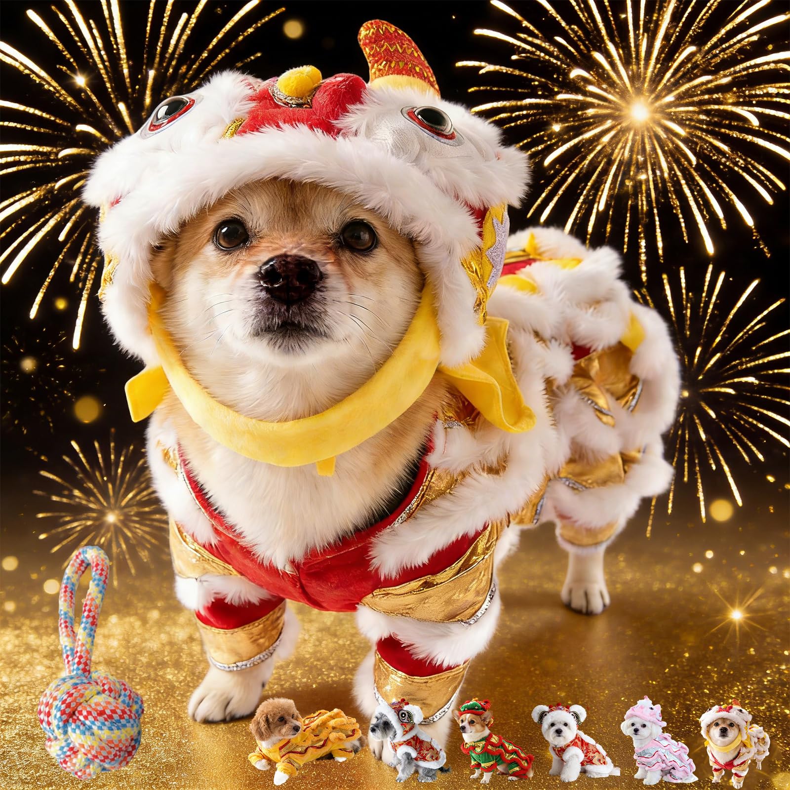 Chinese Lion Dance Dog Costume with Sequins, New Year Dog Lion Dance Coat, Spring Festival Pet Outfit with Dragon Embroidery, Winter Holiday Pet Cloth for Teddy, Schnauzer, Bichon Frise (XS,1#)