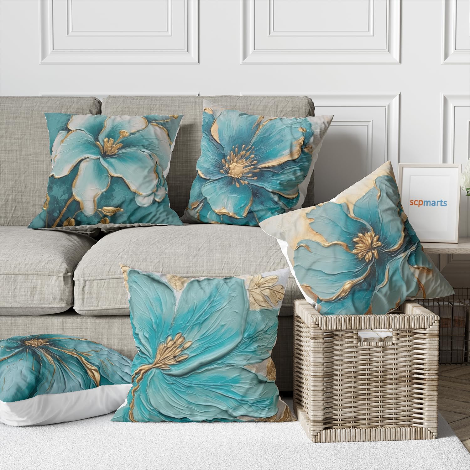 SCPmarts Flower Printed Cushion Cover Home Decorative Covers for Sofa Soft Solid Square Throw Pillow Cushion Covers Satin Cushion Covers Set of 5 Size 16 x 16 Inch (Design 12)