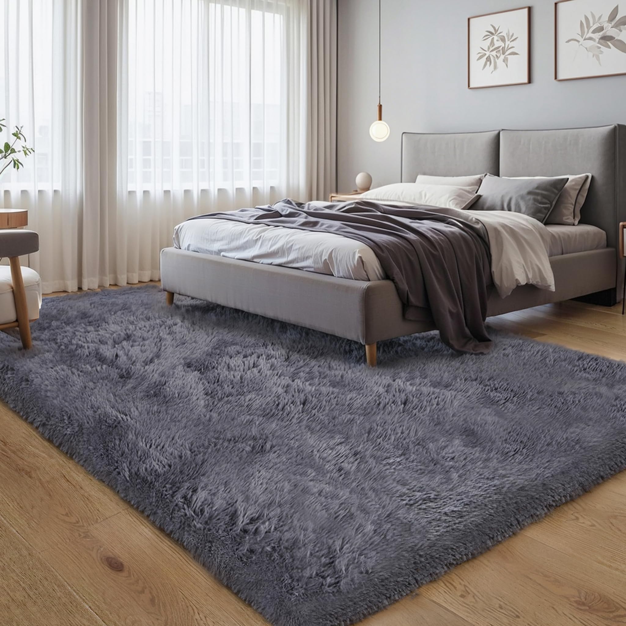 KICHOWUA Thick Area Rug Grey 6x9 Fluffy Shag for Bedroom Living Room, Ultra Soft Plush Fuzzy Washable Thickened Non Slip Floor Large Carpet, Modern
