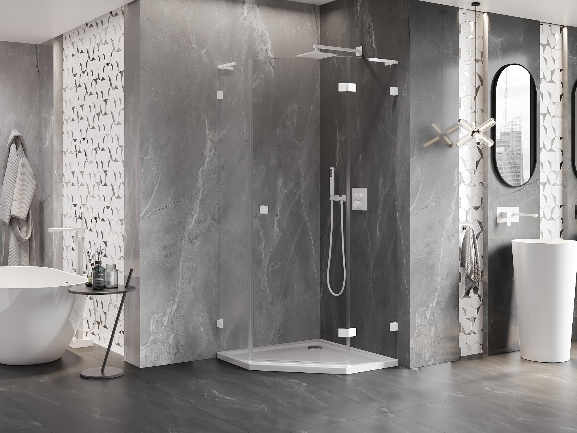 Mexen Lunar L Box Doccia Cinquagonale con Ante a Battente Destra 90x90 Trasparente Bianco