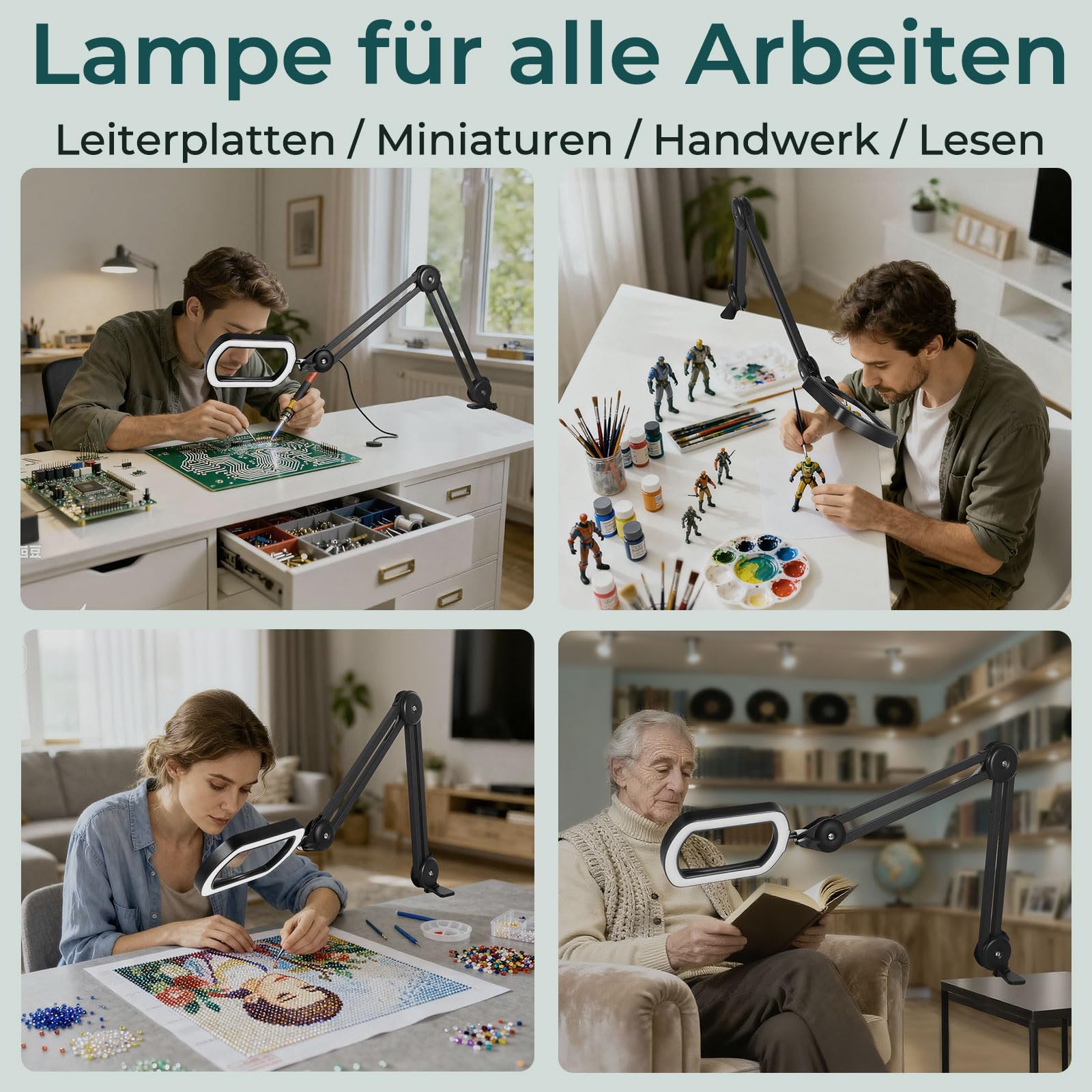 Rechteckige Lupe mit Licht und Ständer,Elegantem Federarm