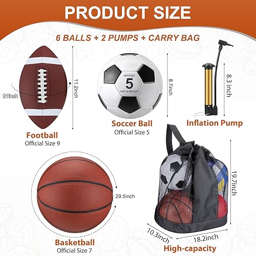 Vista 2 de Sratte Juego de 6 pelotas deportivas para adolescentes y adultos, incluye tamaño oficial de fútbol, fútbol, baloncesto con bomba, bolsa