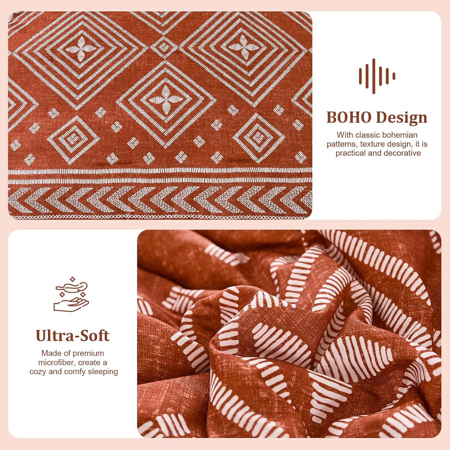 Yiran Burnt Orange King Comforter Set, 7 Piece Terracotta Boho Bedding Set, Geometric Bed in a Bag King, Soft Microfiber Bohemian Striped Complete Bedding Set with Sheets for All Season - Image 5