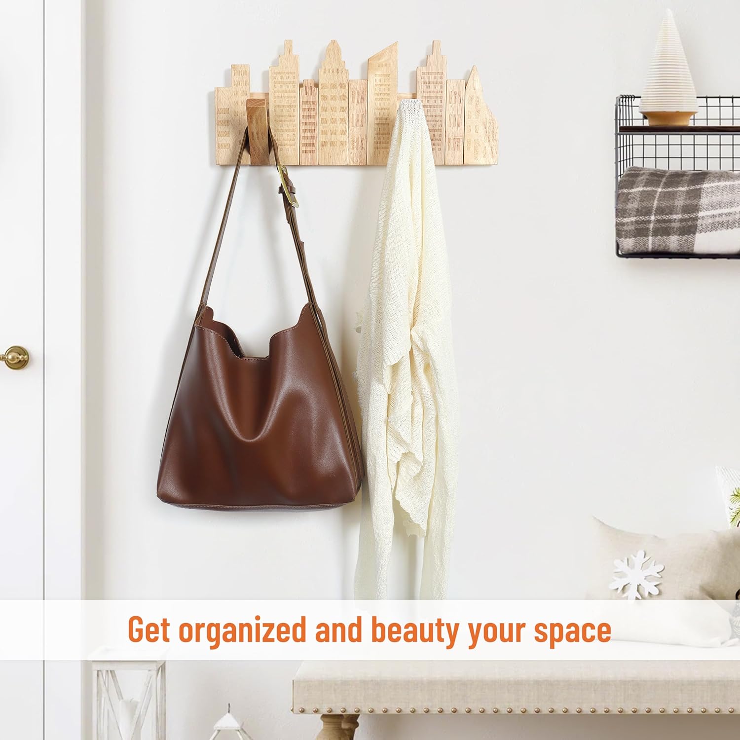 Modern Folding Coat Rack : Decorative Wooden Wall Hooks 5 Hooks 16-Inch City Skyline Mounted for Small Entryway Kid's Room Bathroom for Hanging T-Shirt Hats Towels Backpacks