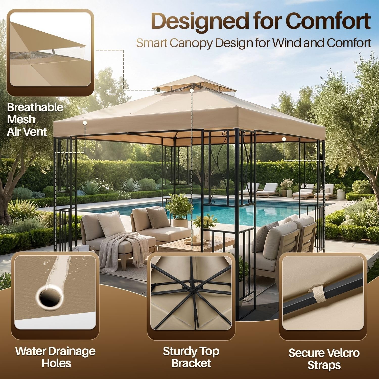 Flexzion Copertura di ricambio impermeabile per gazebo, 12 x 12 (3,6 m x 3,6 m), copertura per gazebo da esterno, doppio strato UV30, per tettoie, giardino, patio, tenda da cortile (beige)