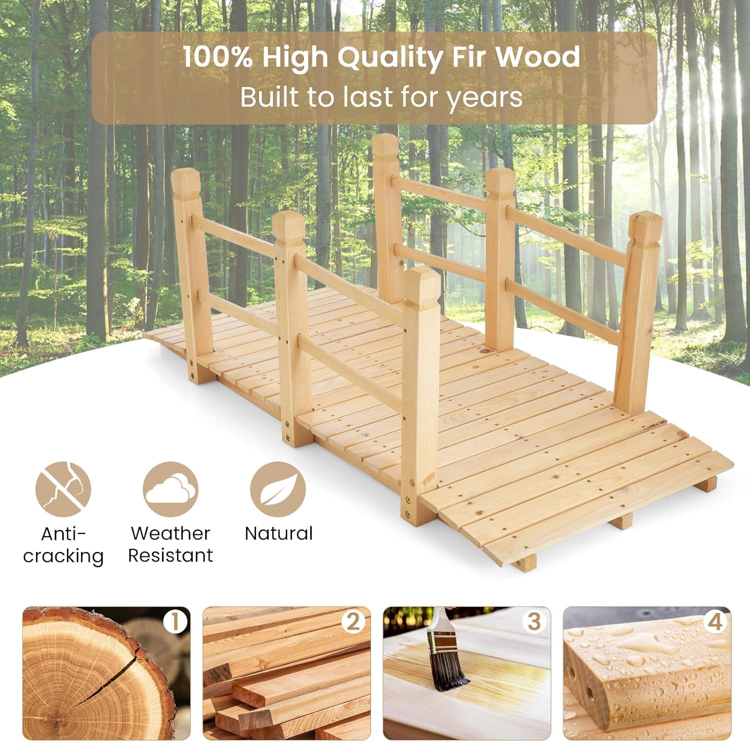 MAT EXPERT 5FT Wooden Garden Bridge, Sturdy Outdoor Pond Bridge with Safety Railings, Garden Pathway, Decorative Landscape Footpath for Backyard, Patio, Creek & Farm Decoration (Natural)