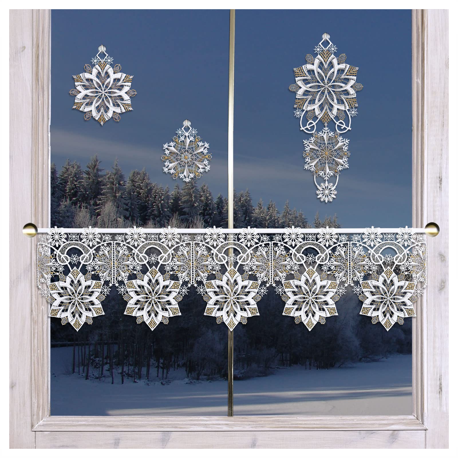 Feenhaus-Scheibengardine Schneeflöckchen-Weißröckchen Plauener Spitze Scheibenhänger Stangendeko 22 x 64 cm