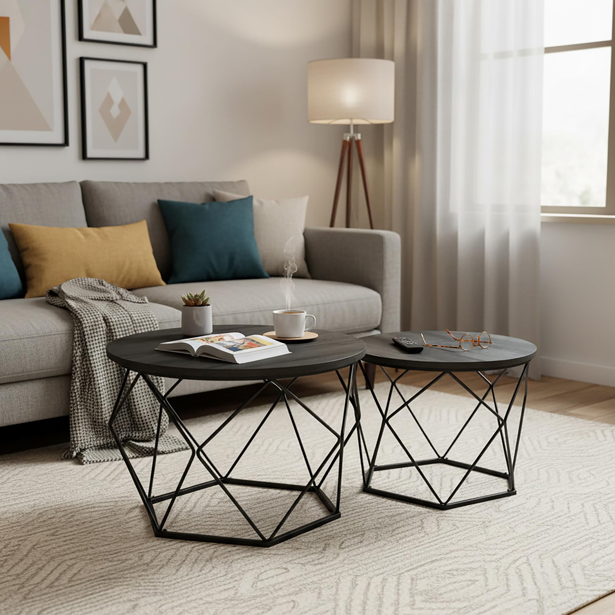 Relaxdays Set de 2 mesas auxiliares Redondas de Madera y Metal, Estilo Vintage, 50x40x40 cm, Negro