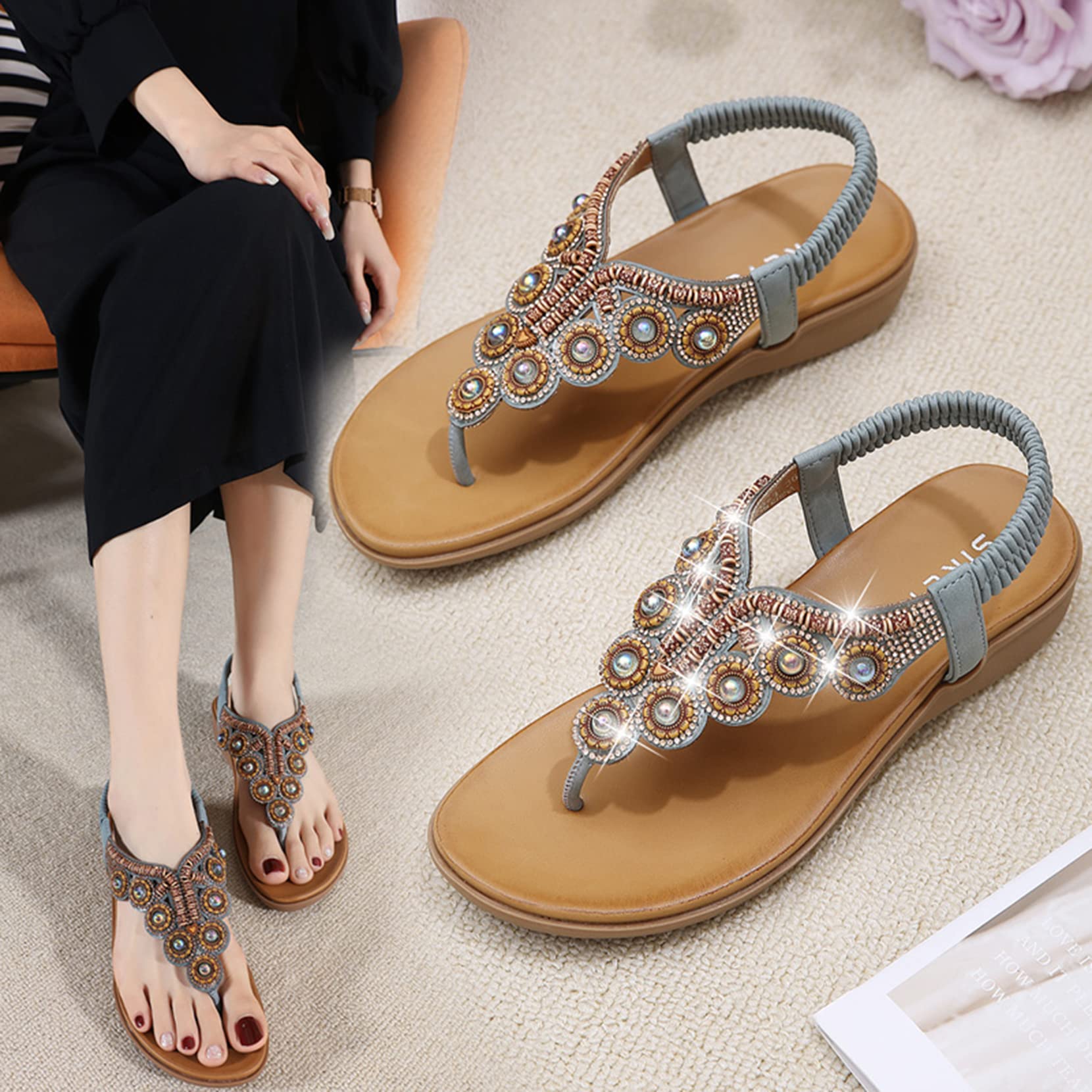 SMajong Sandali Bohemia Donna Estive Piatto Comode Infradito Strass Gioiello Moda Scarpe da Spiaggia con Elastiche Cinghia
