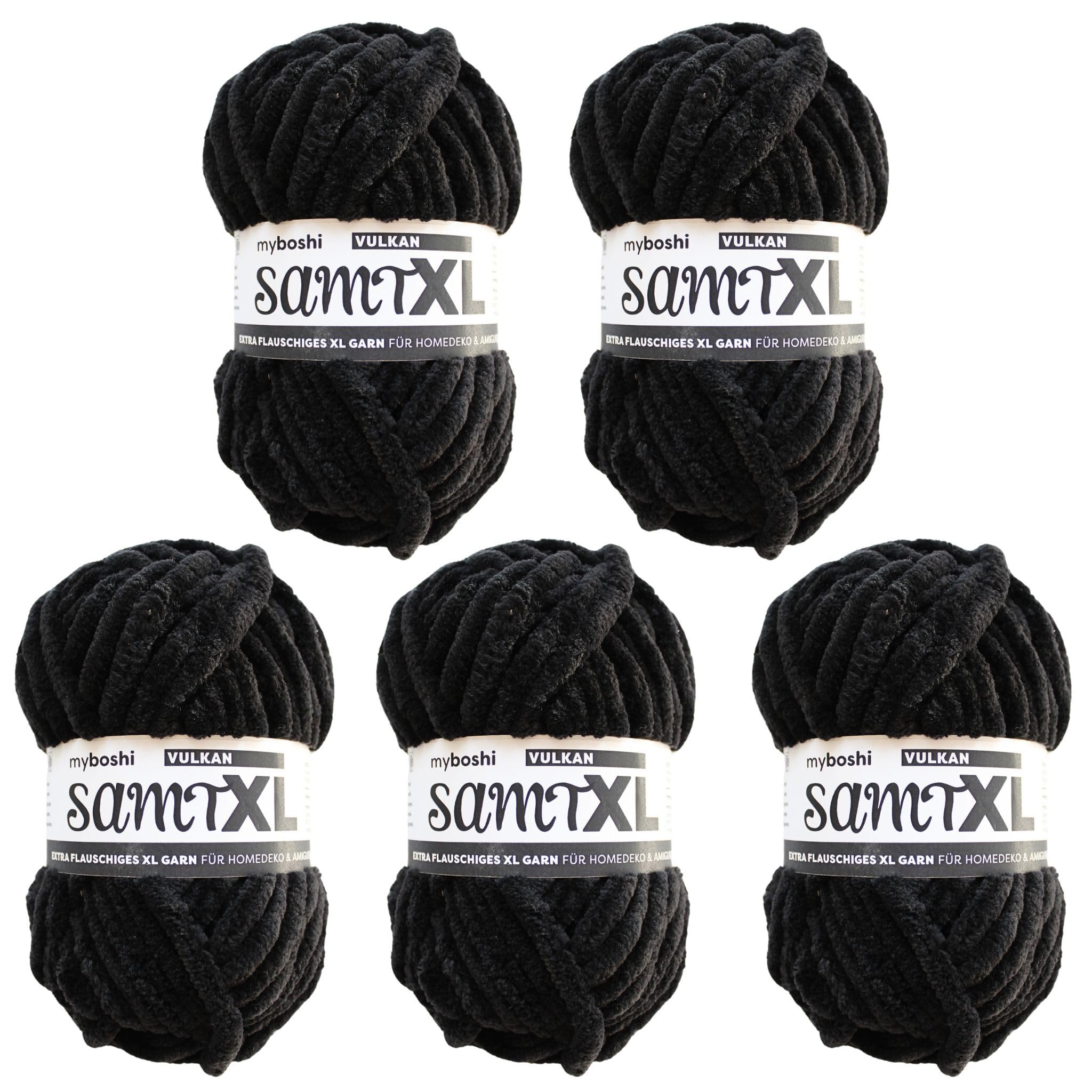 myboshi Samt XL, kuscheliges, extra dickes Chenillegarn, super chunky, zum Häkeln und Stricken, XXL-Knäuel, 100g, Ll 40m, Schwarz (Vulkan), 5 Knäuel