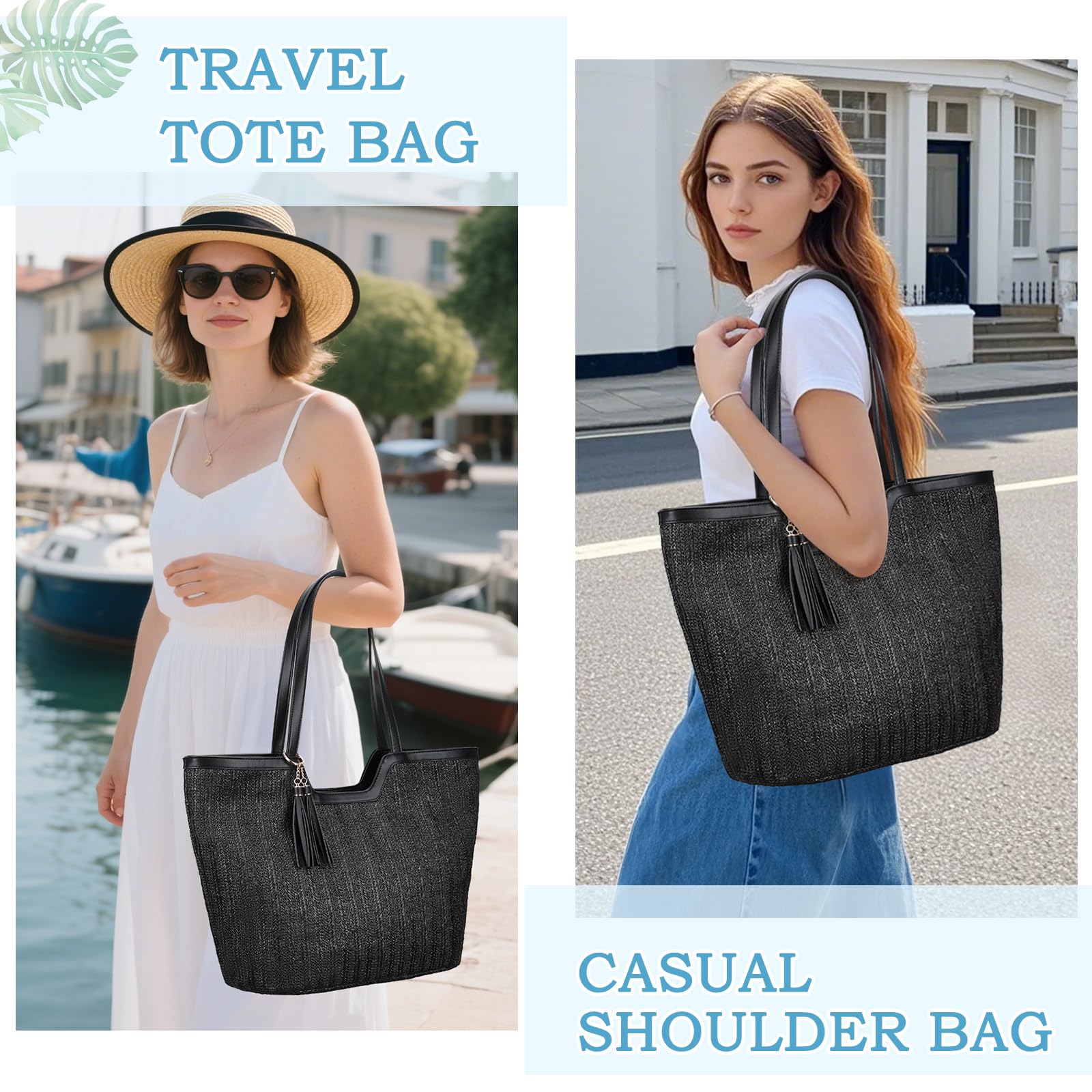 VASCHY Sac Cabas Femme Plage Paille, Grand Sac à Main Fourre Tout d'Été Tissé Boho Recyclable Léger avec Fermeture Éclair pour Voyage Vacances